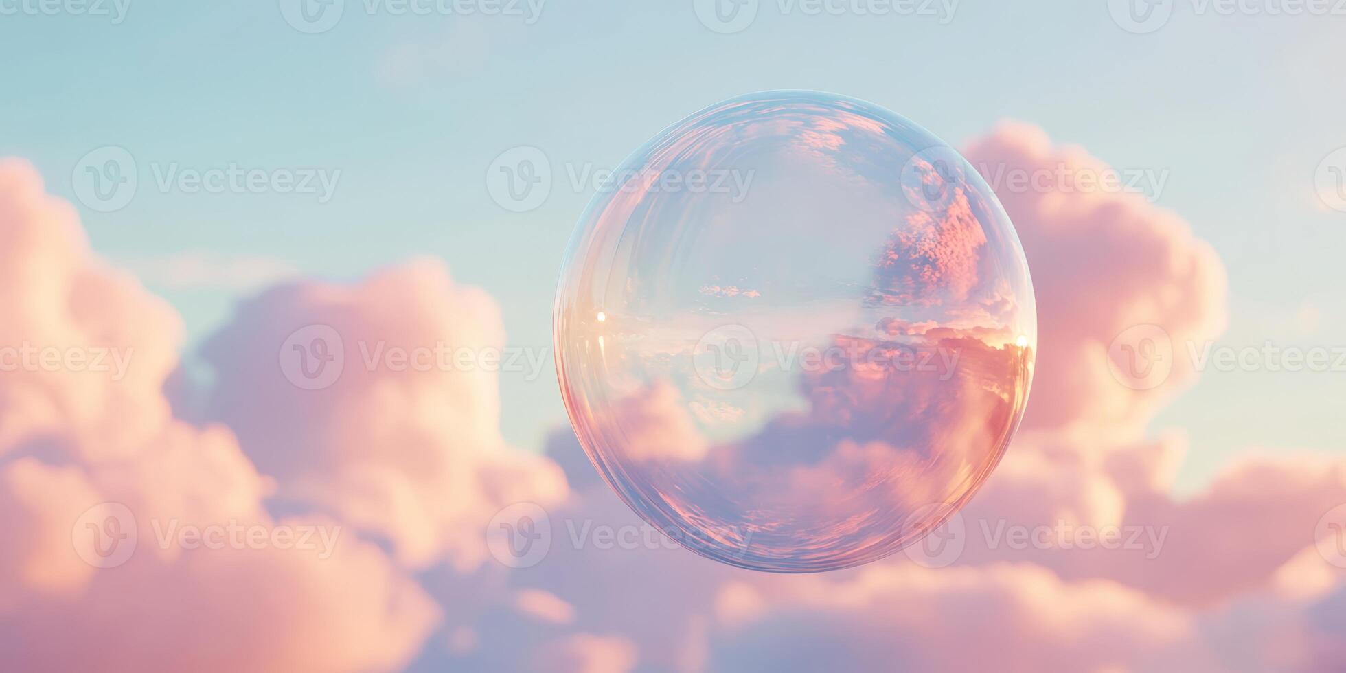 A delicate pink bubble gracefully floats in a bright blue sky, surrounded by fluffy clouds and warm sunlight, evoking a sense of wonder and joy through the captivating and enchanting beauty of nature photo
