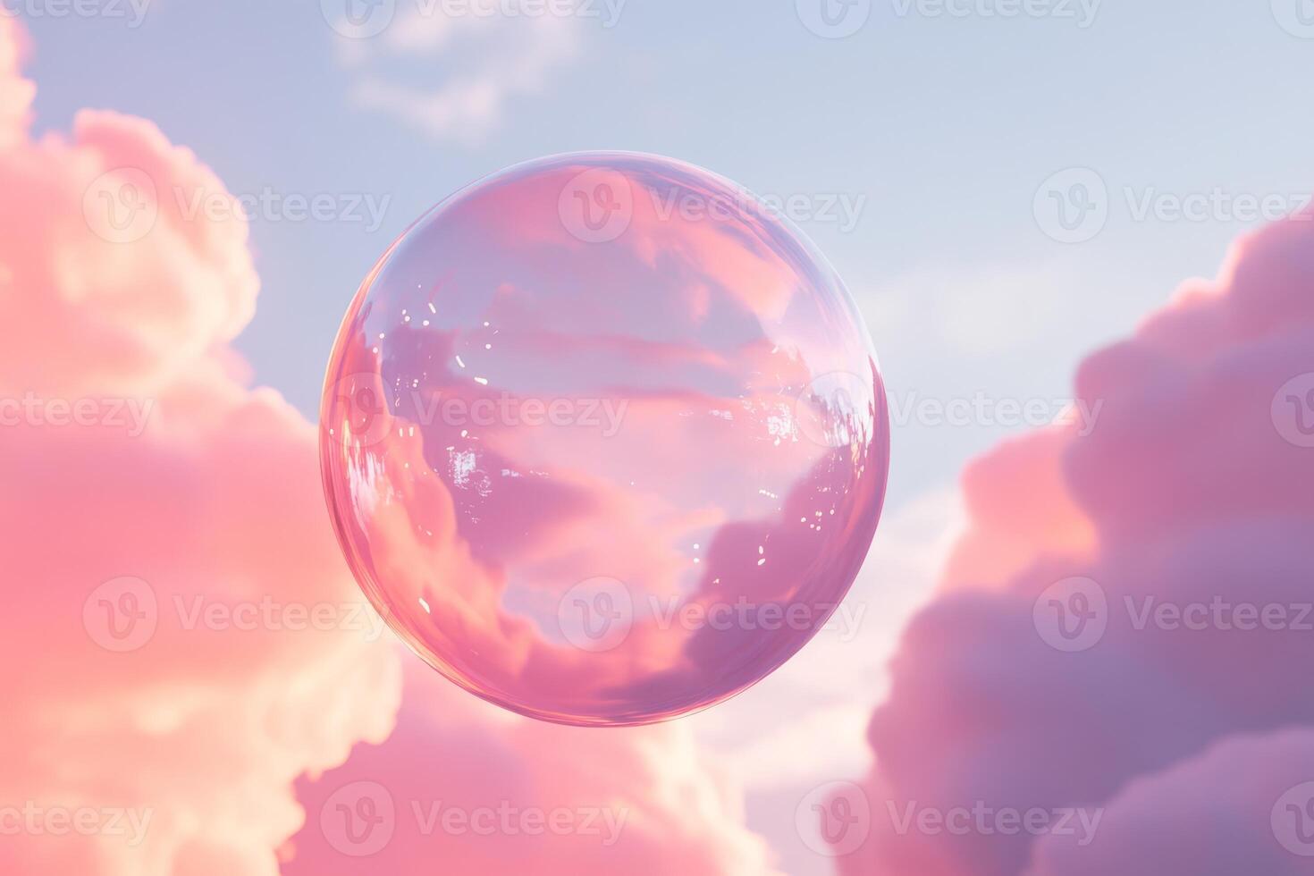 A stunningly cute, transparent pink bubble gently floats gracefully against a vibrant blue sky, surrounded by whimsical soft clouds, evoking a delightful sense of lightness and wonder that captivates photo