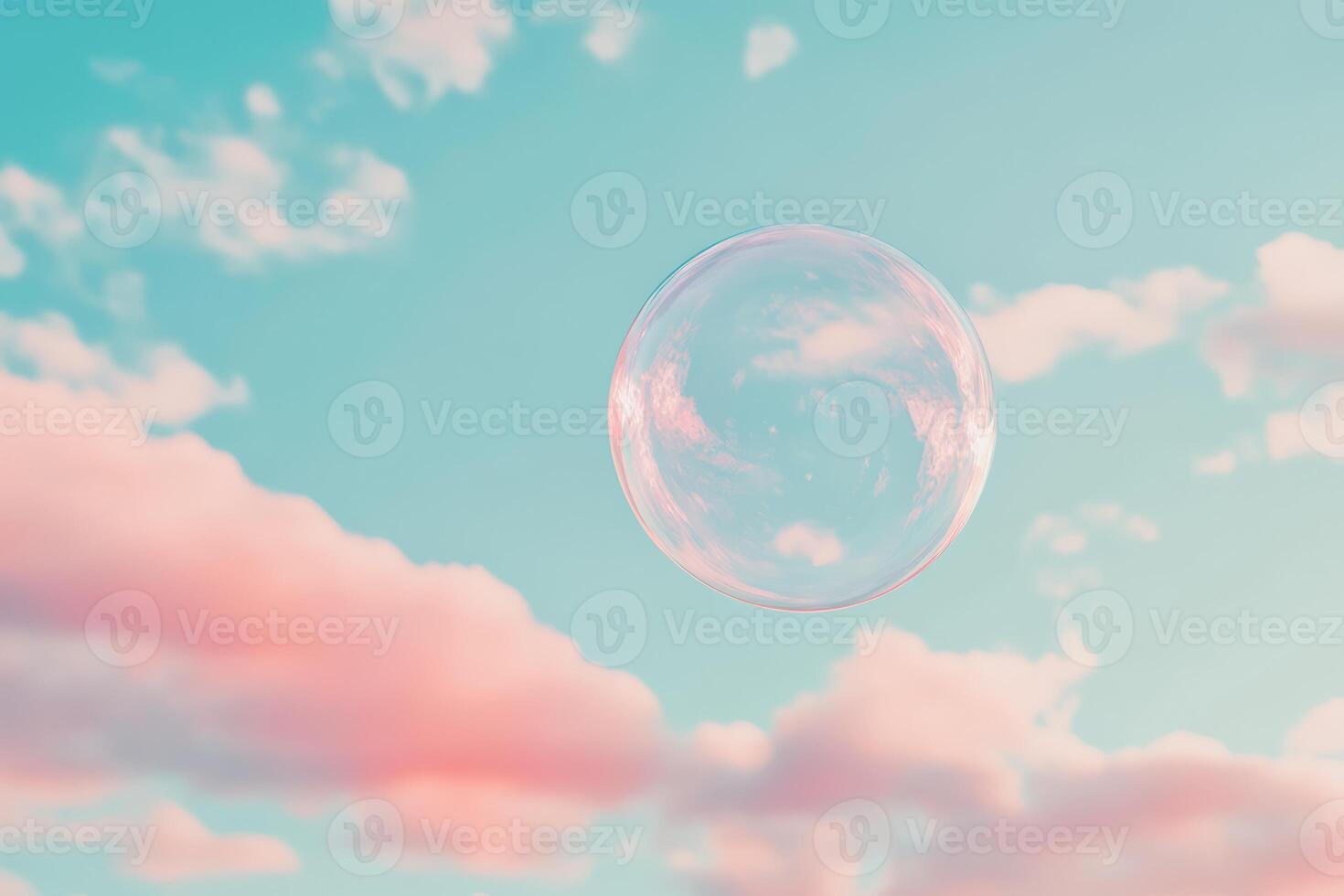 A cute pink bubble floats against a soft blue sky, surrounded by fluffy clouds and warm sunlight, evoking feelings of wonder, enchantment, and delightful airiness that captivates imagination photo