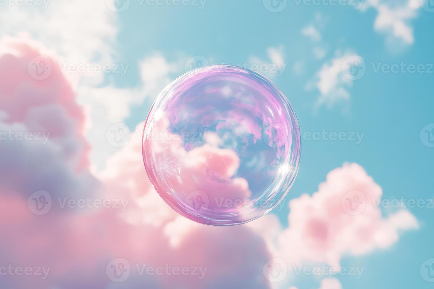 A delightful and cute, pink bubble floats gently and gracefully in the vast blue sky, surrounded by soft, fluffy clouds, radiating a sense of wonder and lightness that captivates the imagination photo