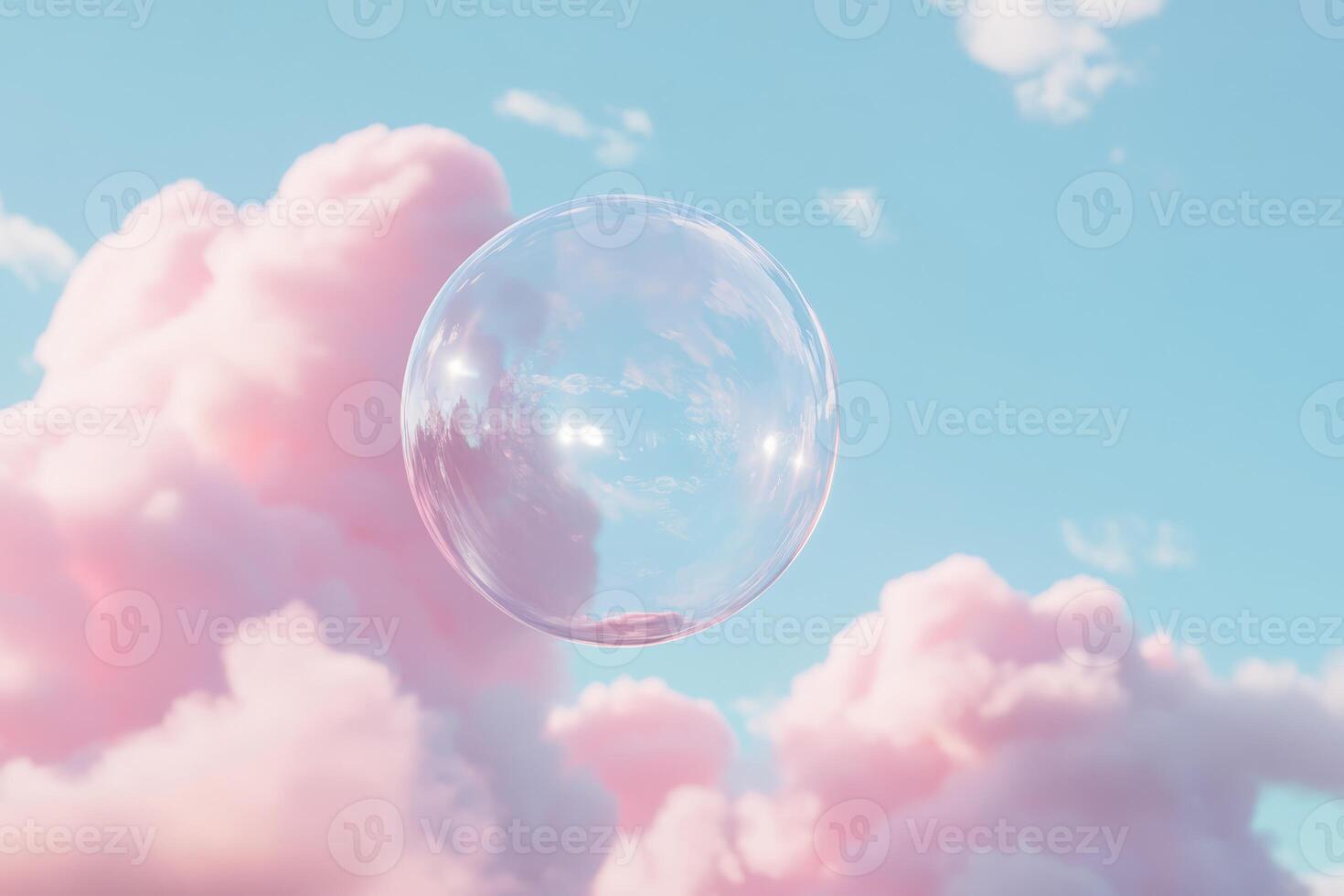 A delightful pink cartoon bubble gently floats through a serene blue sky, adorned with fluffy white clouds, creating a whimsical, enchanting atmosphere that feels both inviting and joyful to behold photo