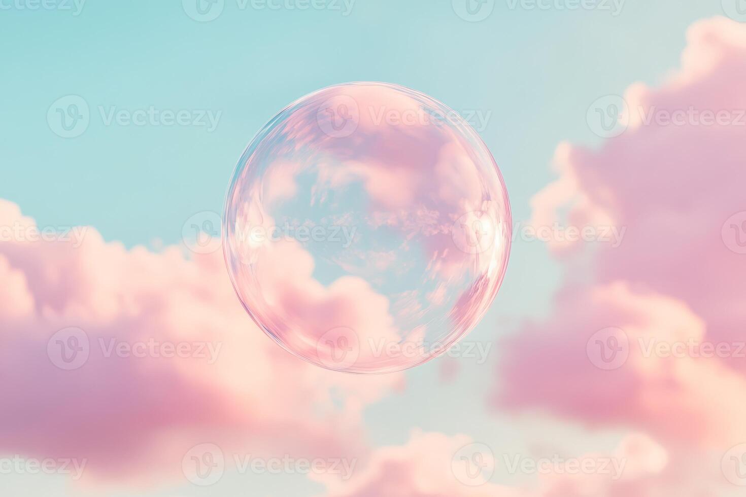 A cute, delightful pink bubble floats lightly and gracefully in a soft, serene blue sky, surrounded by fluffy, white clouds, evoking a sense of wonder and whimsical imagination in the viewer photo