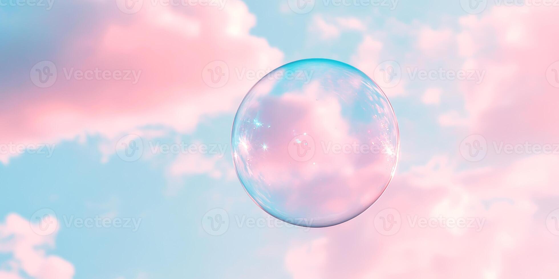A delightful, cute pink cartoon bubble gently floats in a soft, serene blue sky, surrounded by fluffy, white clouds and warm, gentle sunlight, evoking feelings of lightness, joy, and wonder photo