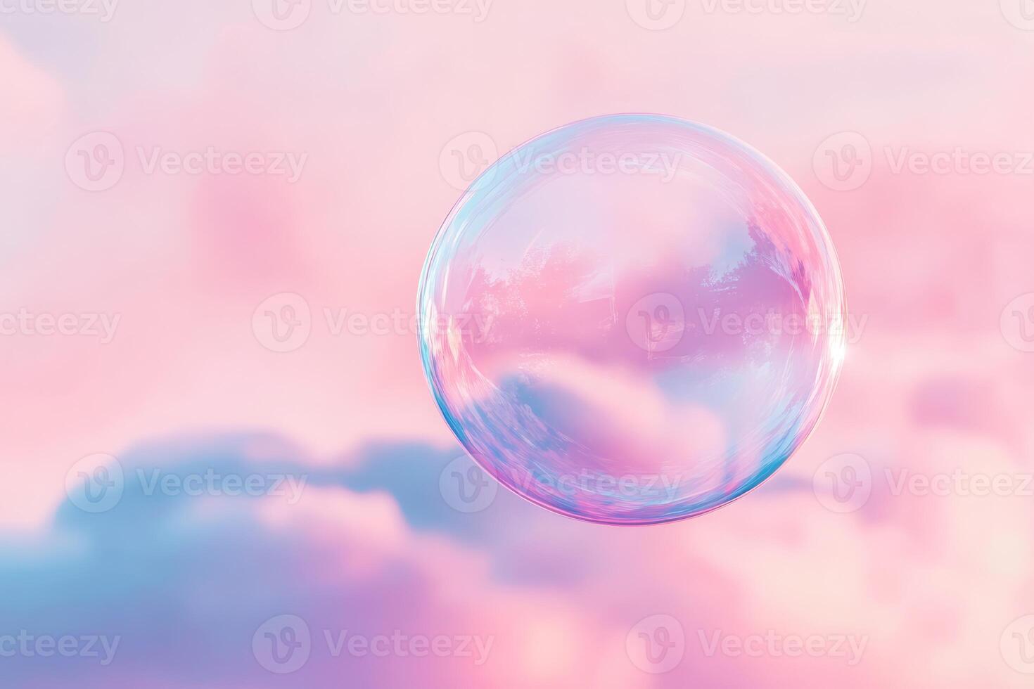 A charming, pink bubble floats gracefully against a vibrant blue sky, surrounded by soft, fluffy clouds and a warm sun, evoking enchanting feelings of wonder and delightful lightness that inspire joy photo