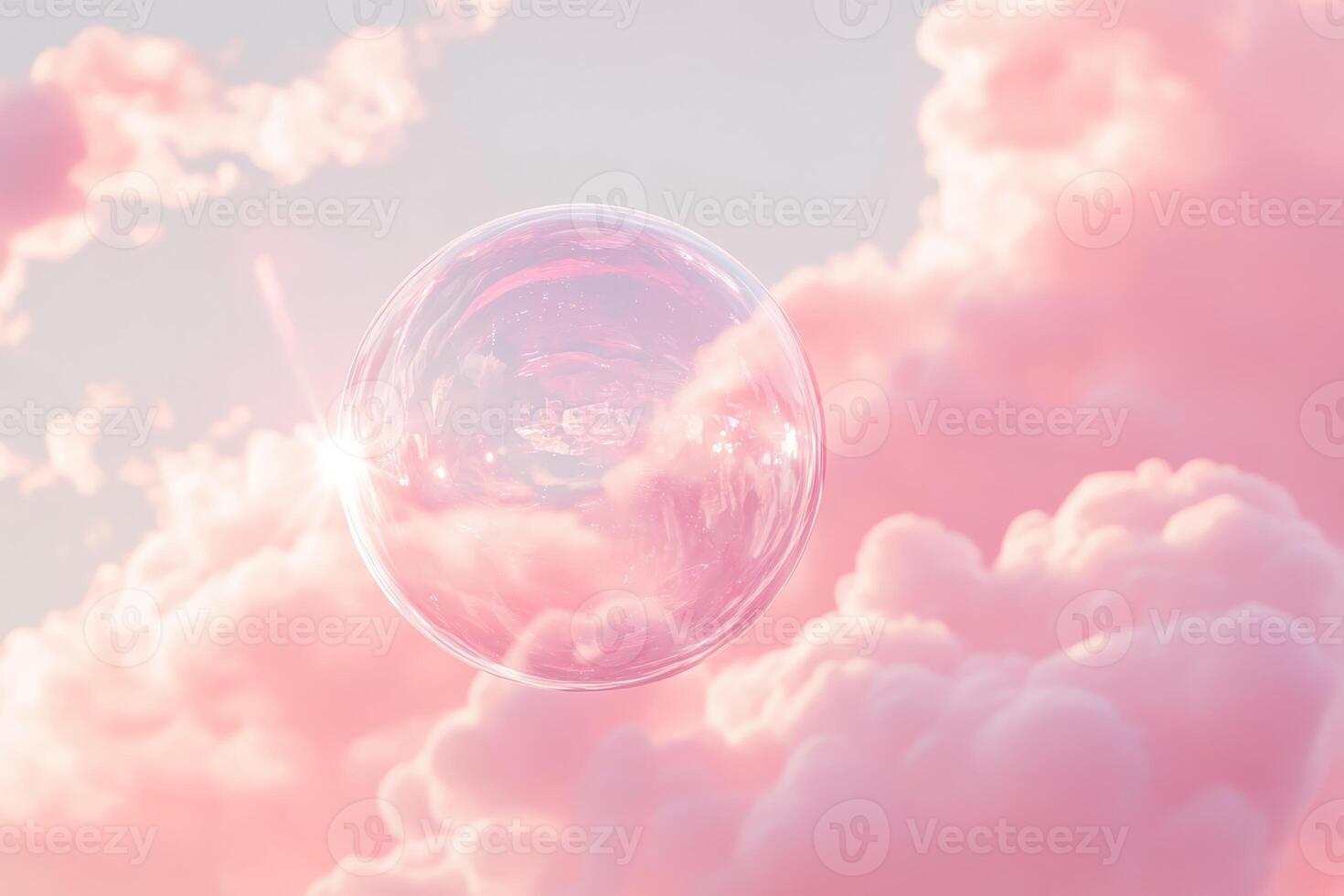 A delicate, soft pink bubble gently drifts amongst the fluffy, cottonlike clouds, floating serenely under a pale sky, evoking a deep sense of wonder, enchantment, and beautiful lightness all around photo