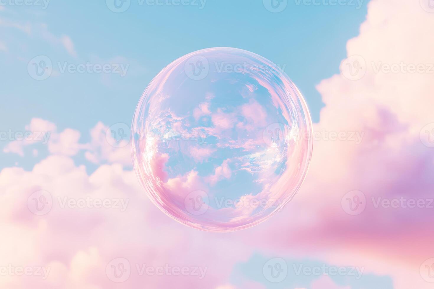 A cute, transparent pink bubble floats against a whimsical sky, surrounded by soft clouds and sunlight, evoking feelings of wonder and lightness photo