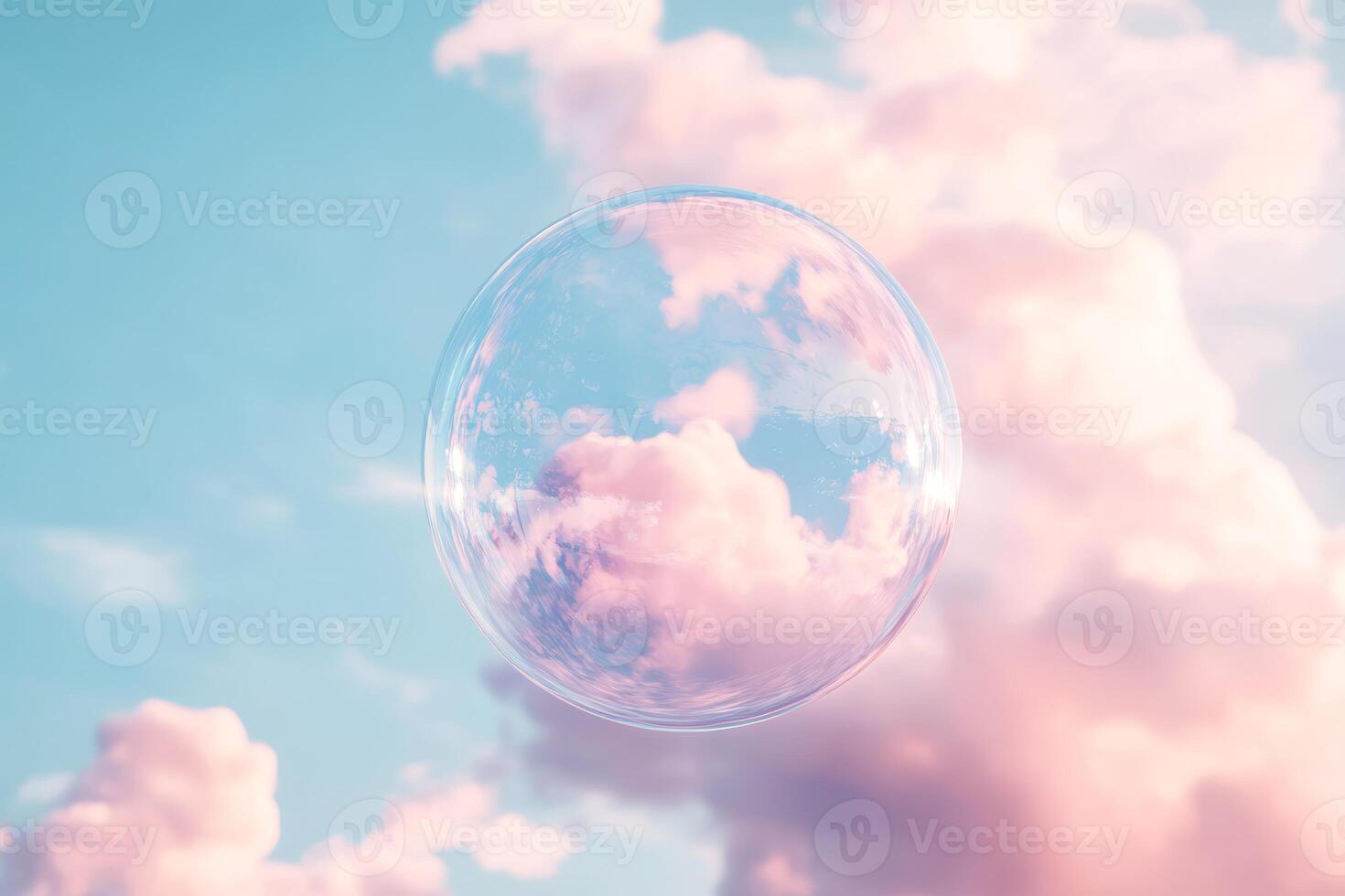 In a soft pastel illustration, a pink bubble glides through a bright blue sky filled with fluffy white clouds, evoking a sense of wonder and lightness as it floats through the airy atmosphere photo