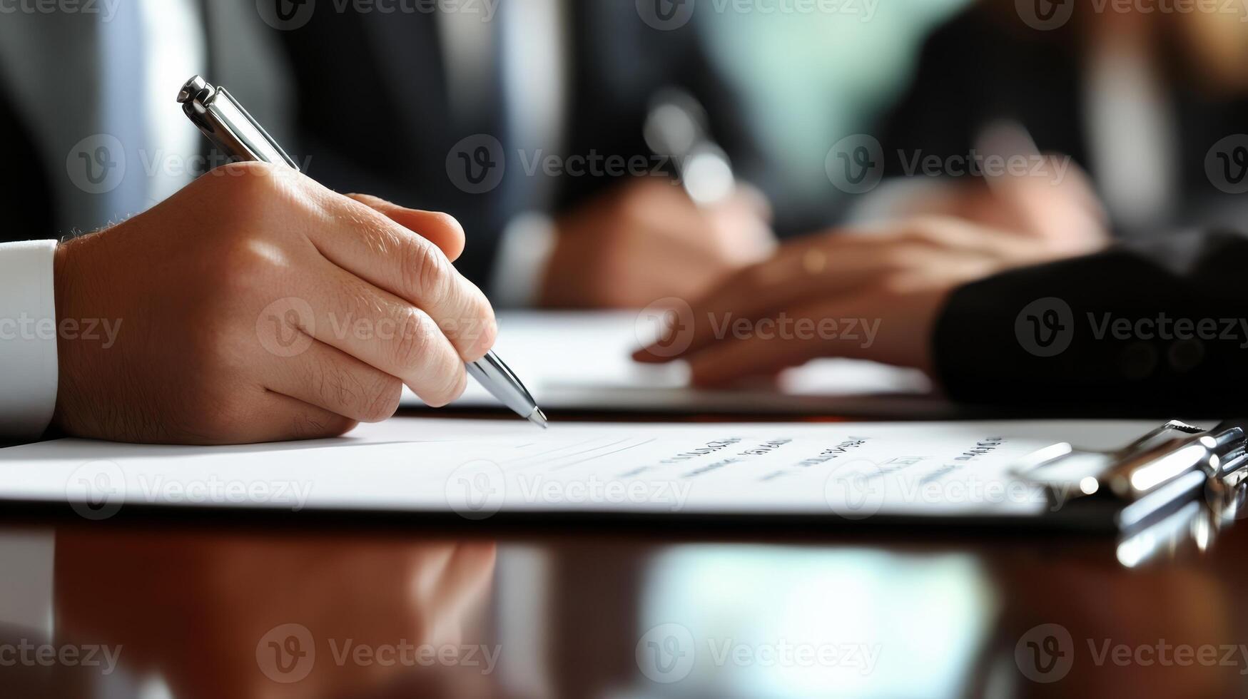 In a contemporary office environment, hands consecutively engage in signing vital documents, which symbolize cooperation, strategic discussions, and collaborative efforts among diverse professionals photo