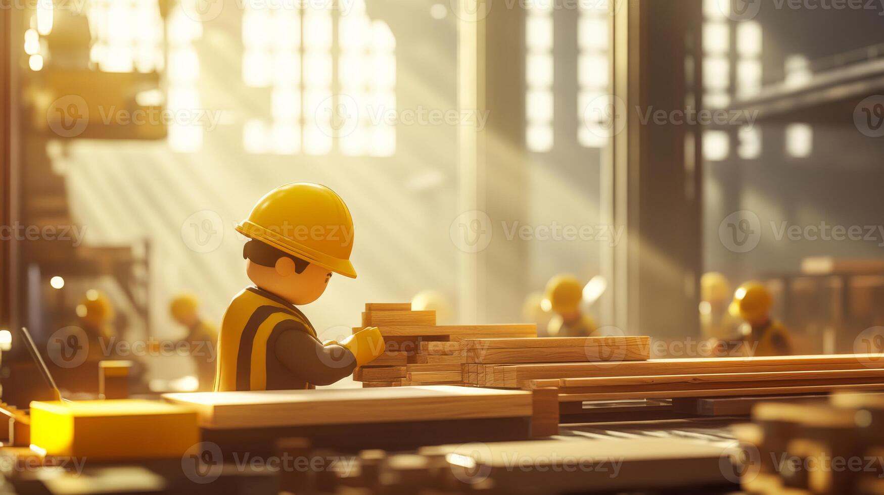 A dynamic and lively scene showcasing construction workers deeply engaged in various carpentry tasks and activities photo