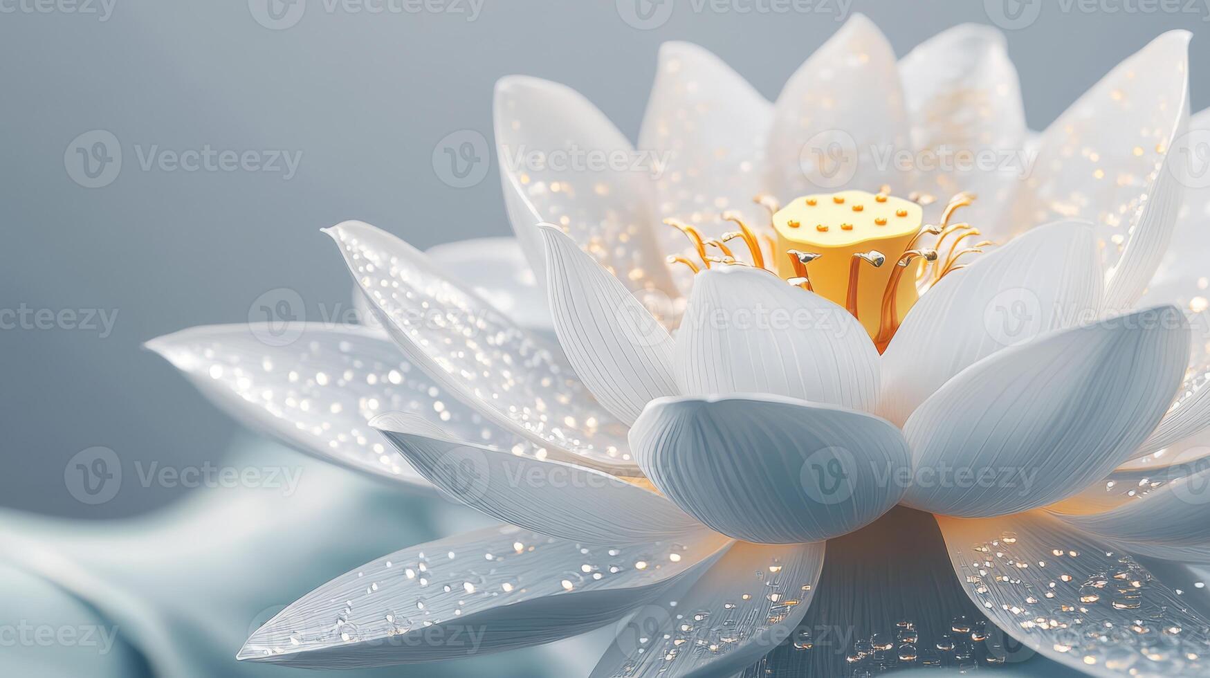 This is a beautifully stunning closeup image of a white lotus flower, adorned with delicate water droplets, all set in a serene and peaceful natural environment, showcasing its exquisite beauty photo