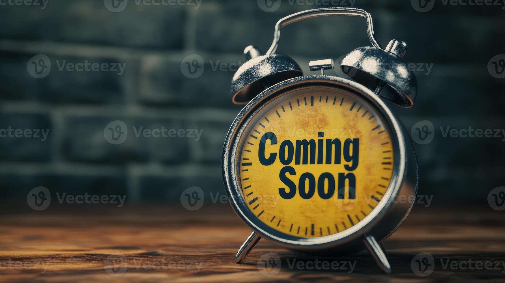 This vintagestyle alarm clock with a Coming Soon message is perfect for web design and marketing, generating excitement for upcoming business launches and important announcements photo