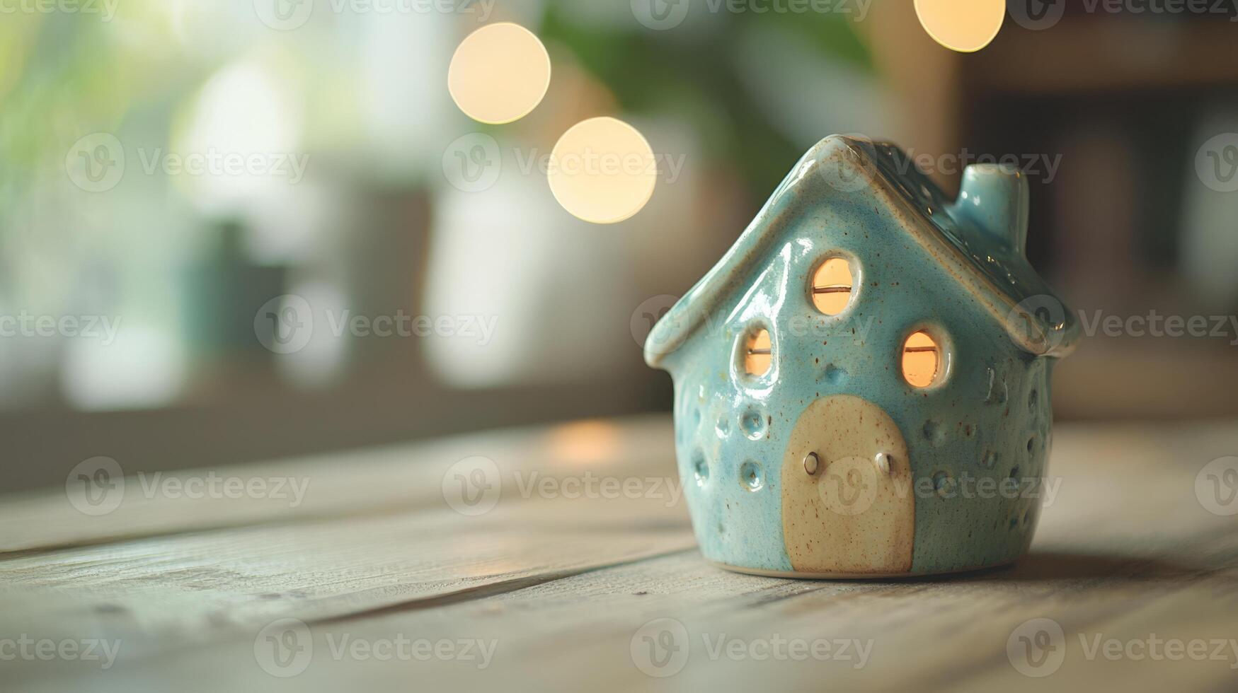 This charming, uniquely crafted handmade ceramic house showcases a beautiful vintage green and blue design, making it an ideal choice for tabletop decoration or a lovely gift for any occasion photo