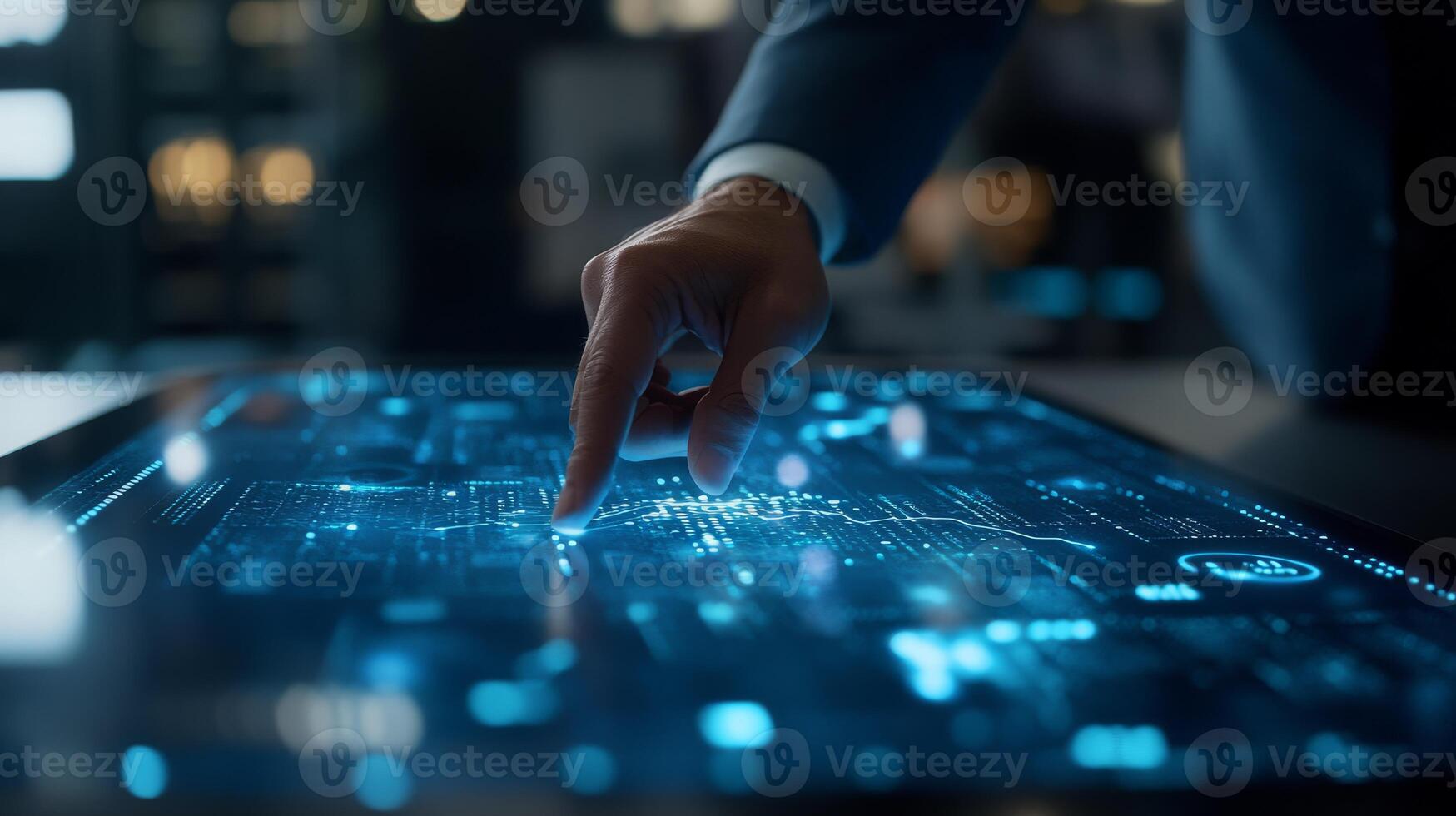 A skilled and dedicated professional is actively exploring and experimenting with innovative technology on a modern touchscreen interface, all within a contemporary and cuttingedge workspace photo