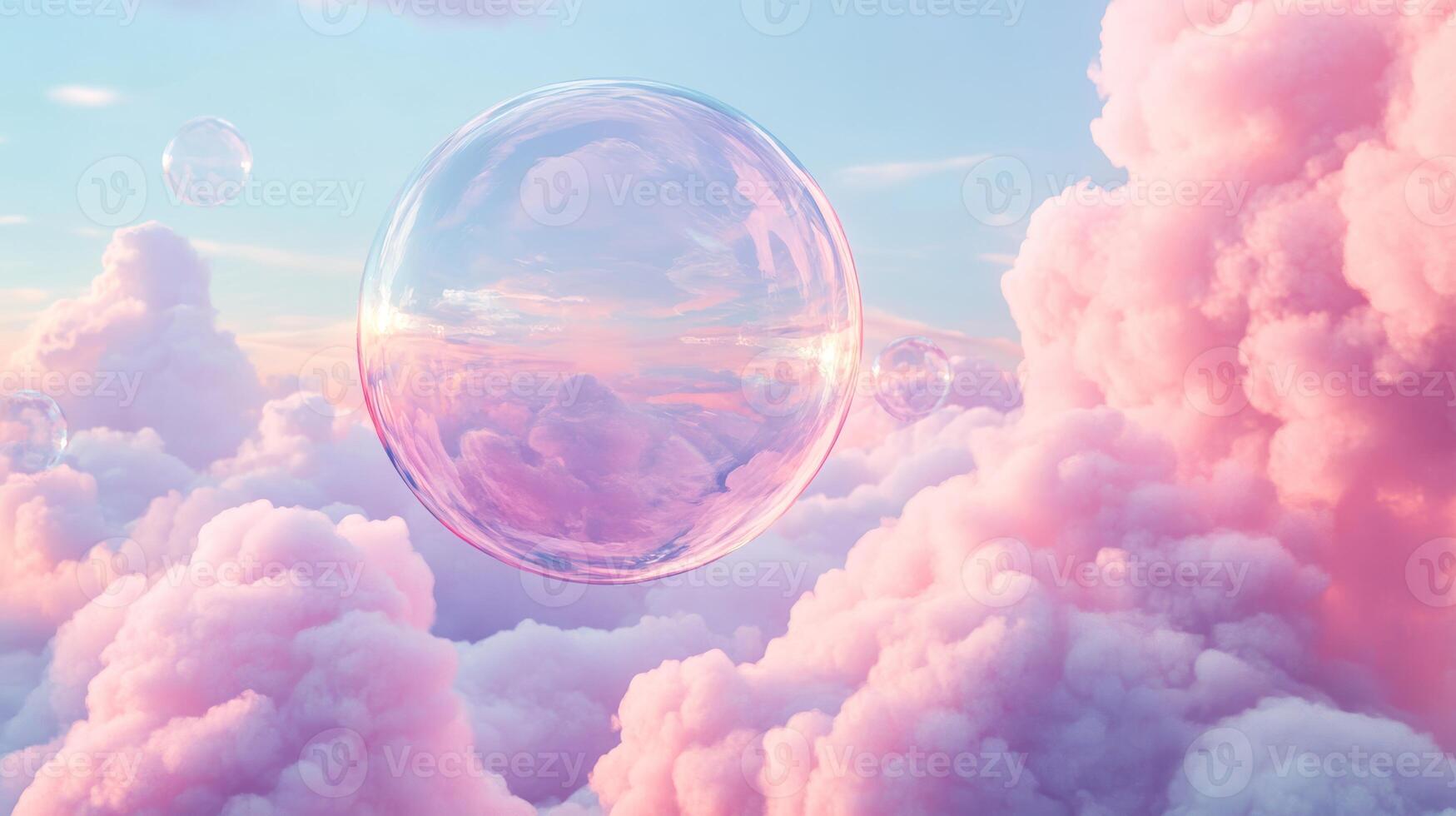 In a delightful scene, a charming and transparent pink bubble gently floats in a soft, pastel sky, which is filled with fluffy clouds, evoking serene feelings of wonder, airiness, and joy in hearts photo