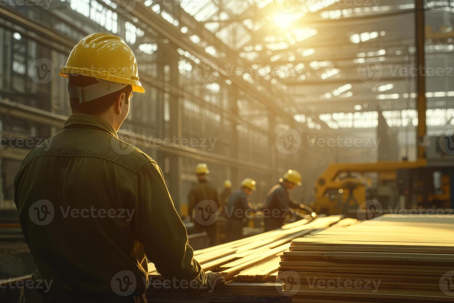 In a production facility made primarily of wood, workers adorned in hard hats engage in collaborative efforts, highlighting the importance of safety and teamwork in every aspect of construction work photo