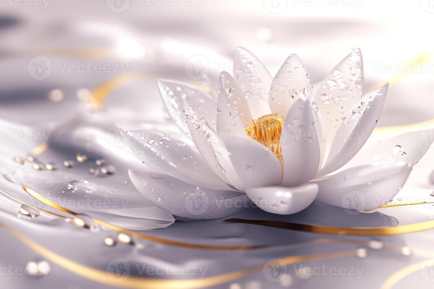 A stunning white lotus flower, adorned with sparkling dewdrops on its soft petals, stands majestically against a vibrant backdrop, creating a peaceful atmosphere that captivates the soul photo