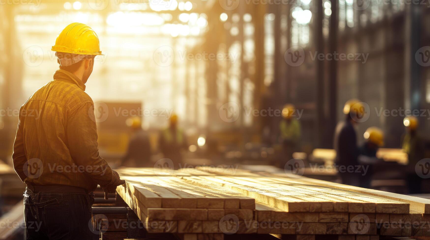A hardworking man in a hard hat supervises wooden placement at a busy construction site, emphasizing the importance of safety protocols and effective teamwork in industrial settings photo