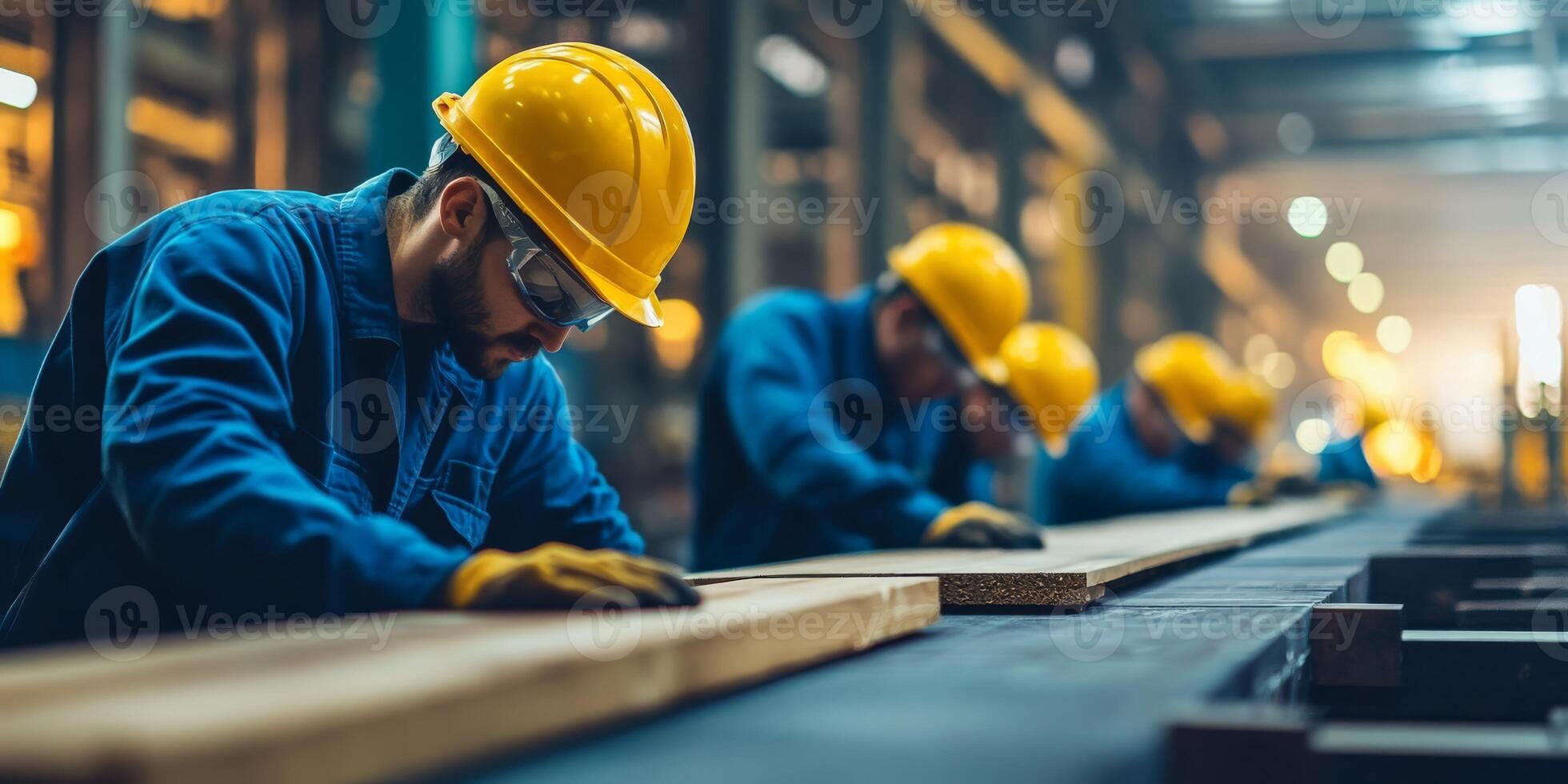 In a busy factory, workers in safety gear focus on wood processing tasks, highlighting the importance of teamwork, collaboration, and health awareness in the manufacturing environment photo