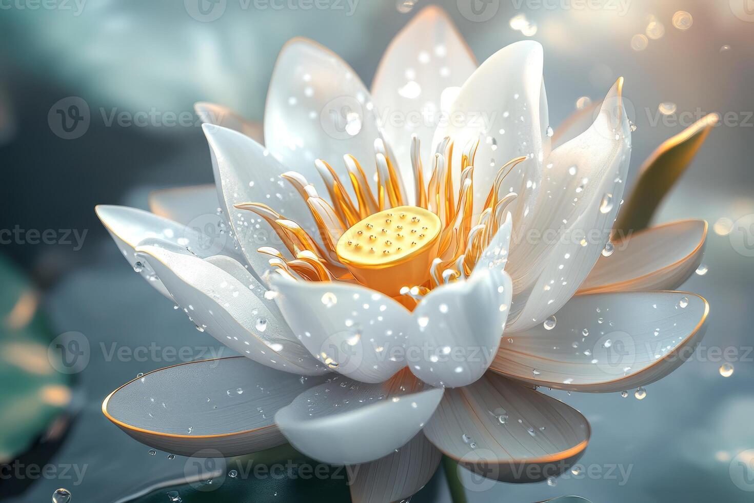 This captivating closeup showcases a stunning lotus flower, adorned with glistening dewdrops, capturing the vibrant spirit of spring through its rich colors and exceptional beauty photo