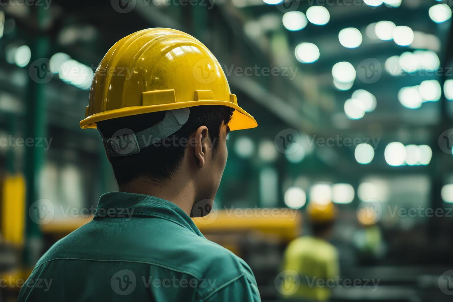 In a busy industrial setting, a dedicated construction worker in a safety helmet prioritizes safety, highlighting the crucial need for thorough training and health precautions for all project workers photo
