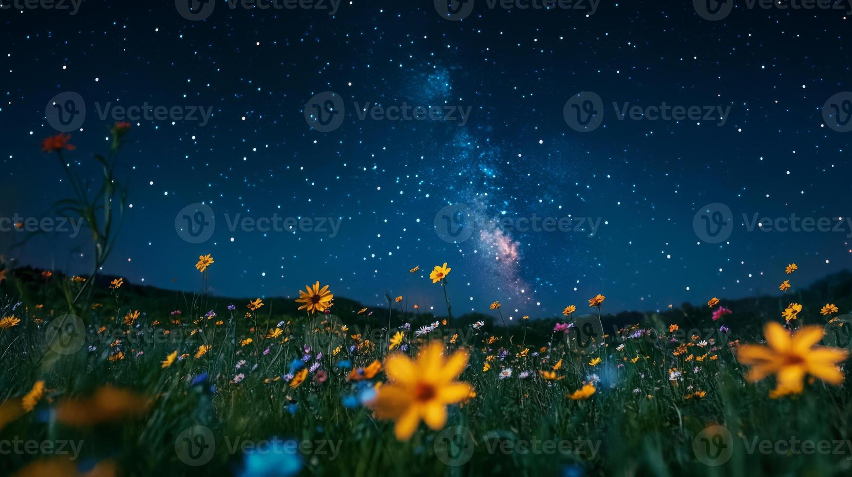 A mesmerizing and breathtaking view of a glorious night sky filled with countless stars above a vibrant and colorful flower field, altogether creating a stunning and enchanting summer landscape photo