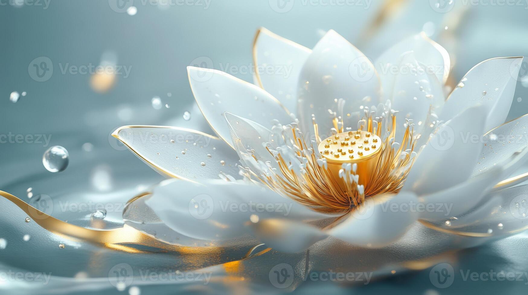 A beautiful closeup of a white lotus flower, vibrant in water with glistening dew, evoking freshness and tranquility in nature photo