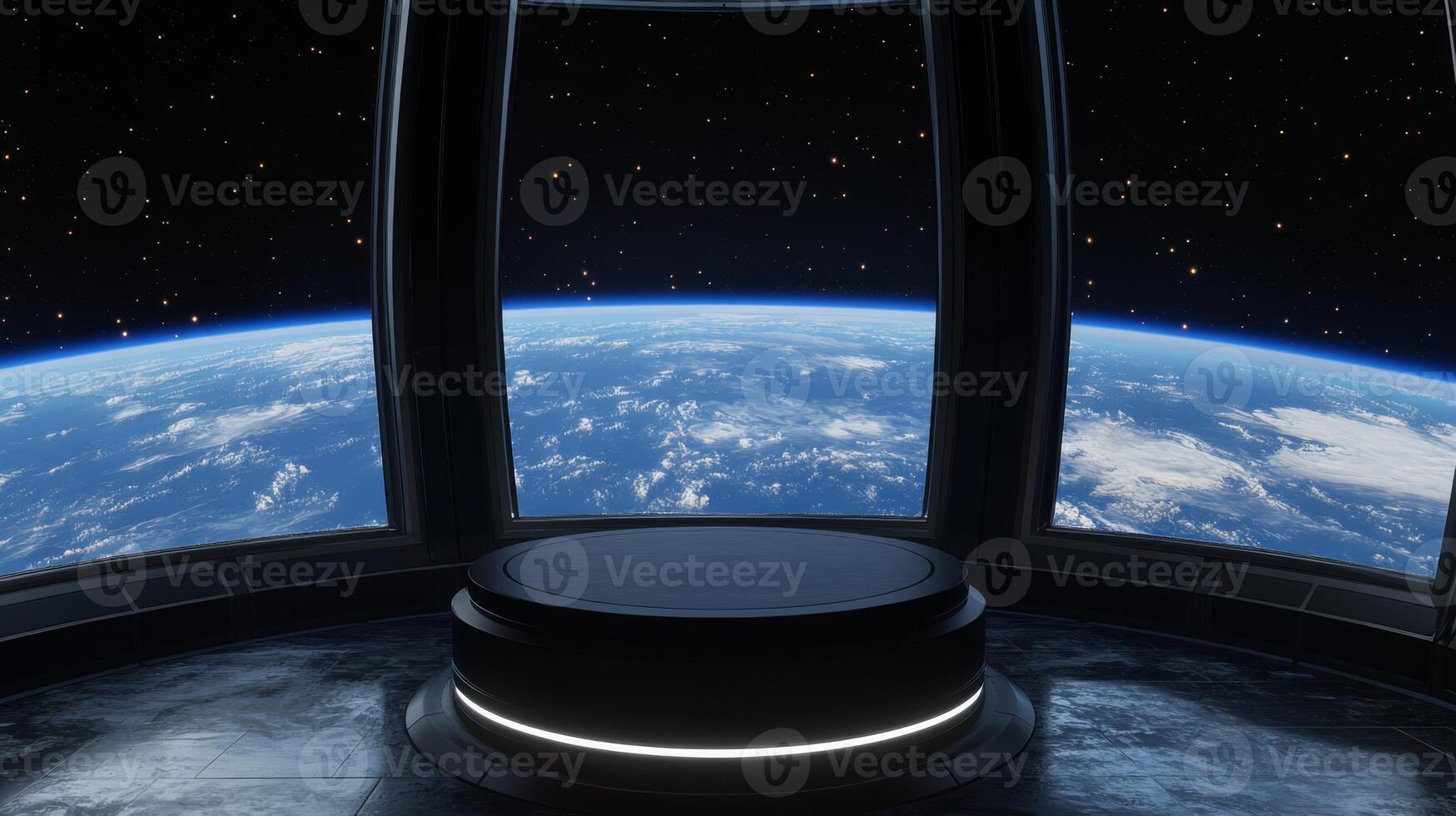 A breathtaking and captivating view from a futuristic scifi space station, showcasing the beautiful Earth in the background. This scene is ideal for themes related to space exploration and discovery photo
