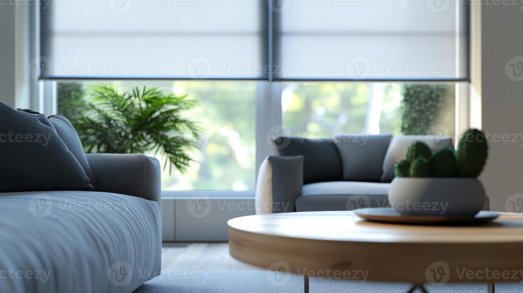 This chic living room features premium automated roller blinds, elegant furniture, and vibrant greenery, creating a bright, modern atmosphere that radiates comfort and sophistication photo