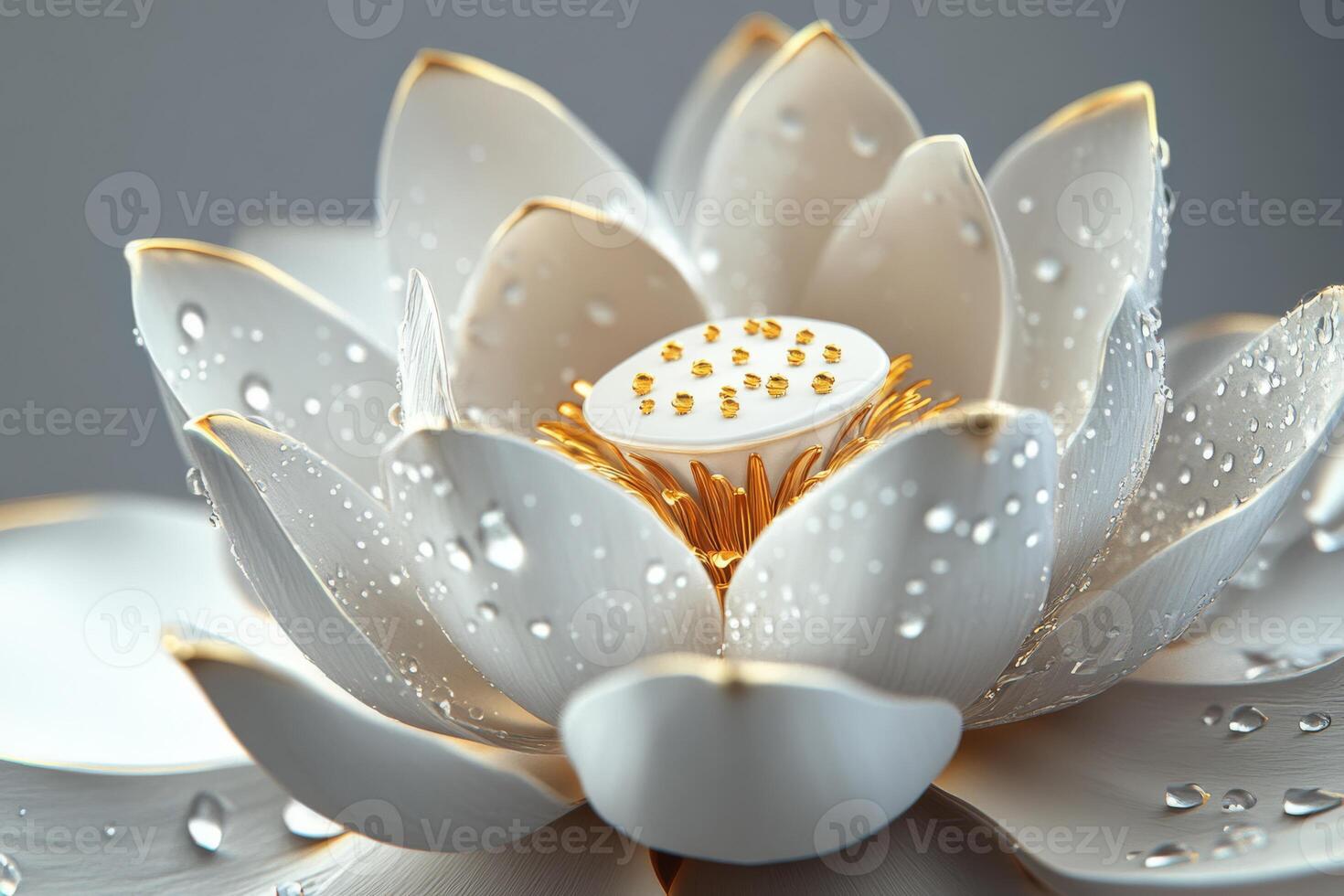 This closeup highlights the beauty of a pure white lotus with dewdrops, showcasing natures artistry during spring, reminding us of its incredible creations and the serenity they bring photo