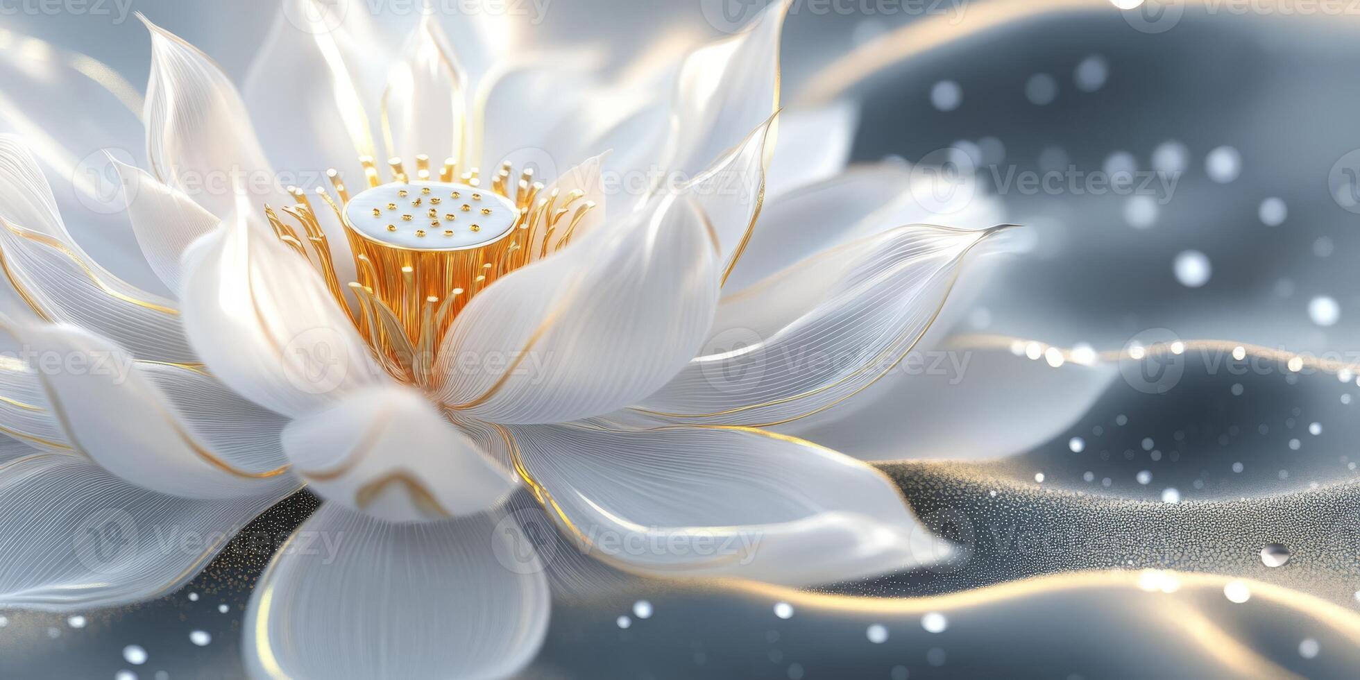 A closeup view of a stunning white lotus flower beautifully showcases its delicate petals and vibrant center, which symbolize purity, peace, and tranquility found within the beauty of nature photo