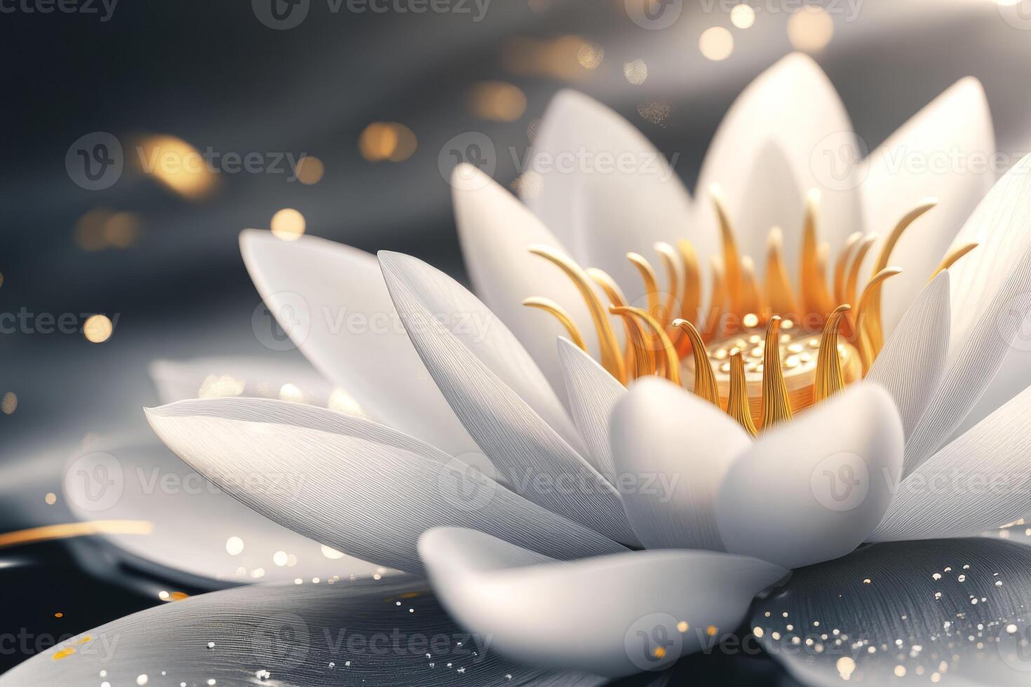A breathtaking closeup image of a white lotus flower, beautifully showcasing its delicate petals, vibrant colors, and serene elegance set within a tranquil and peaceful natural environment photo