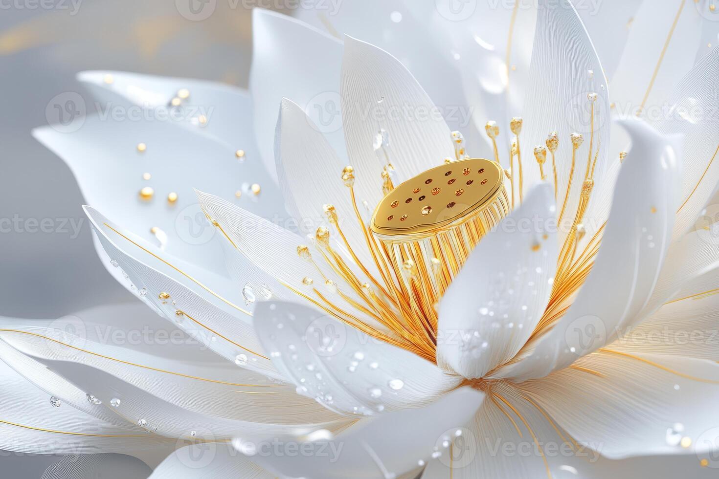 This closeup image features a delicate and beautiful lotus flower, elegantly adorned with glistening water droplets, which together symbolize purity and the refined elegance found in nature photo