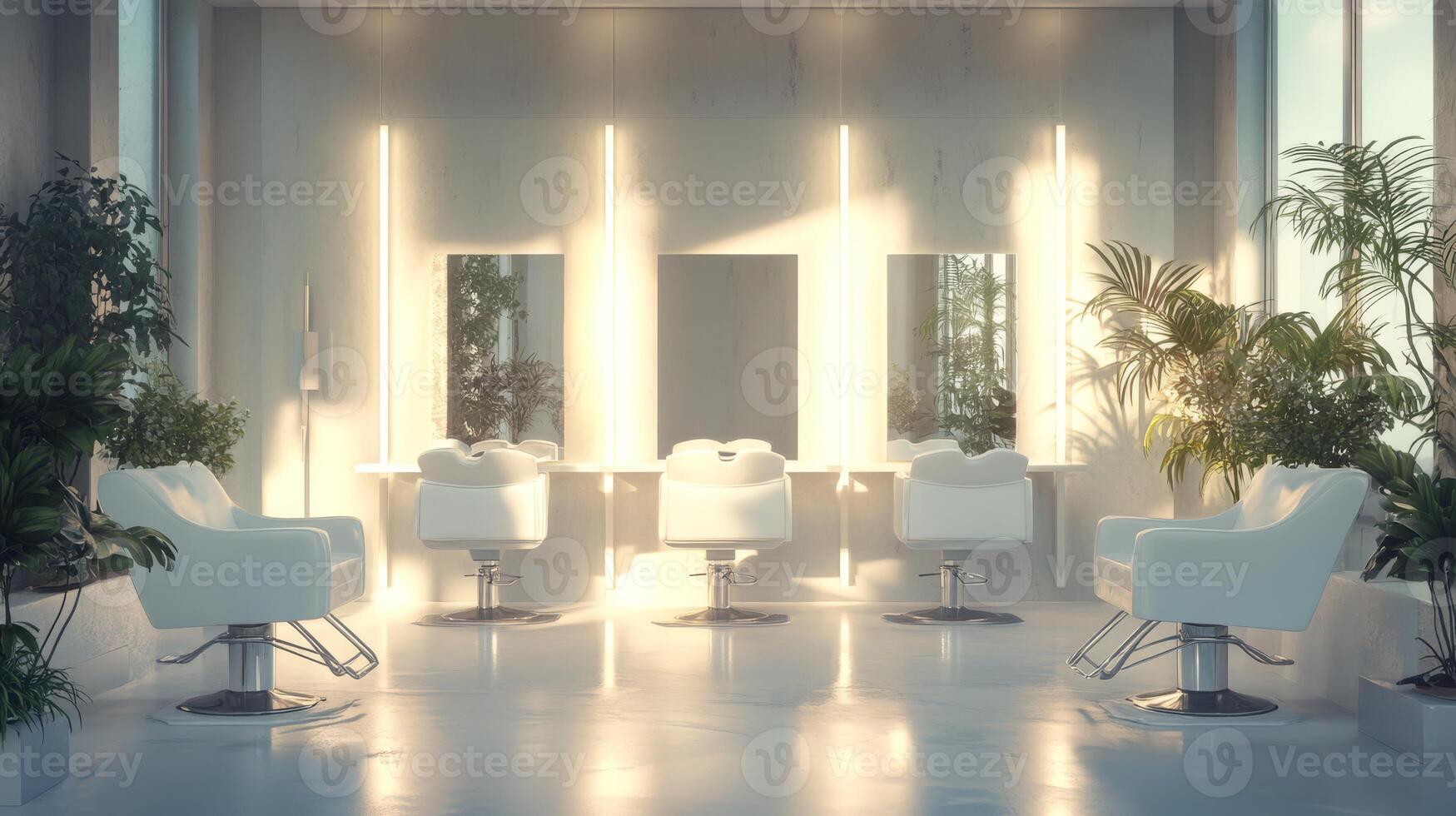 Explore a serene beauty salon with luxurious chairs, styled mirrors, and lively plants, perfect for comprehensive hair care and rejuvenating spa treatments that leave you feeling pampered and relaxed photo