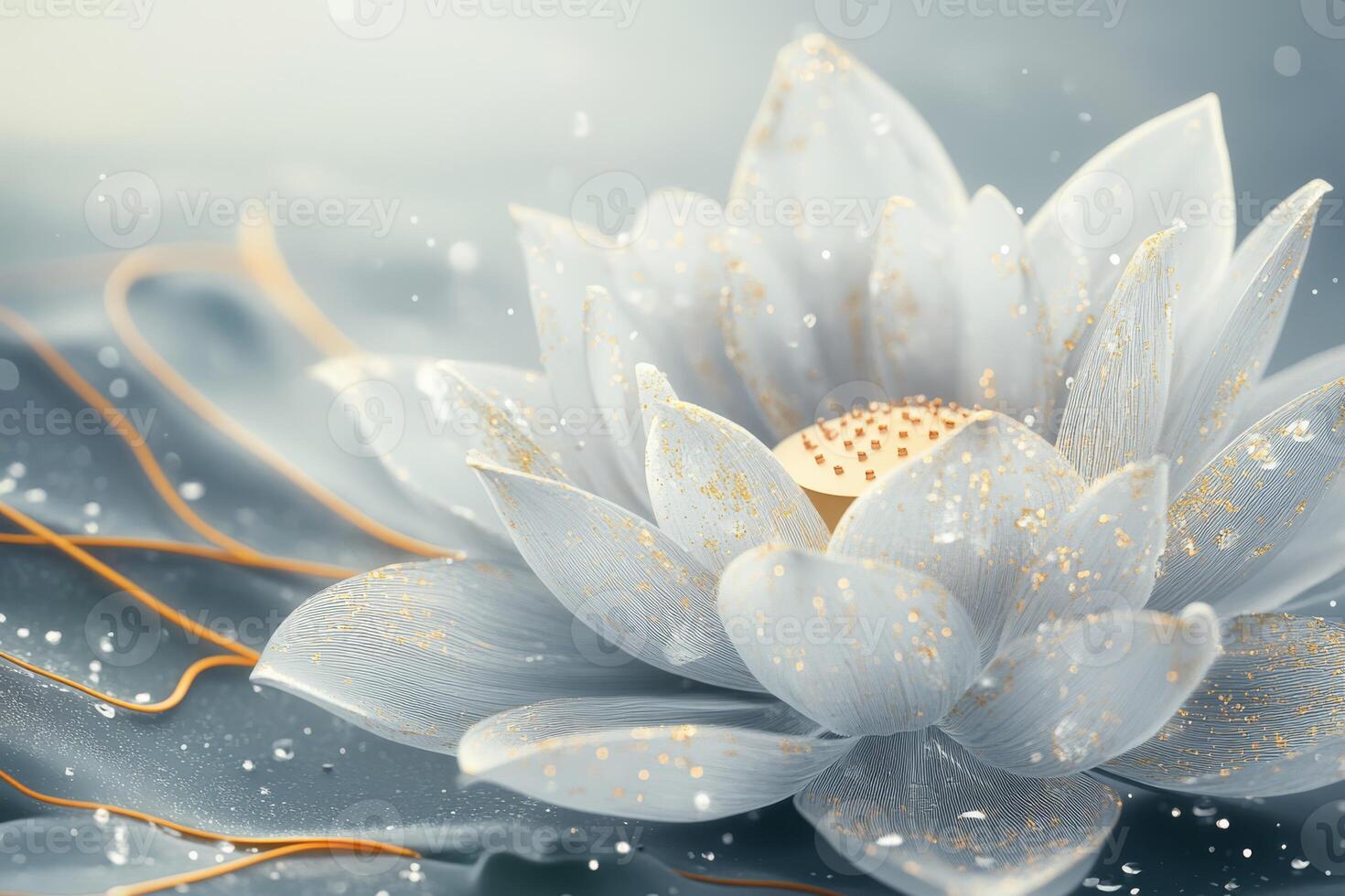 This closeup view of a stunning white lotus flower, elegantly adorned with glistening dew droplets, beautifully showcases the exquisite wonders of nature in a tranquil and serene environment photo