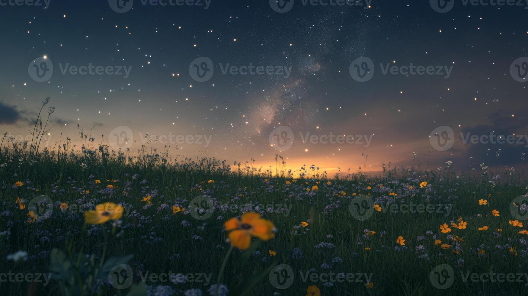 On a tranquil night, the starry sky casts a gentle glow over a colorful flower field, showcasing the enchanting magic of warm summer nights and the splendor of nature for a captivating view photo
