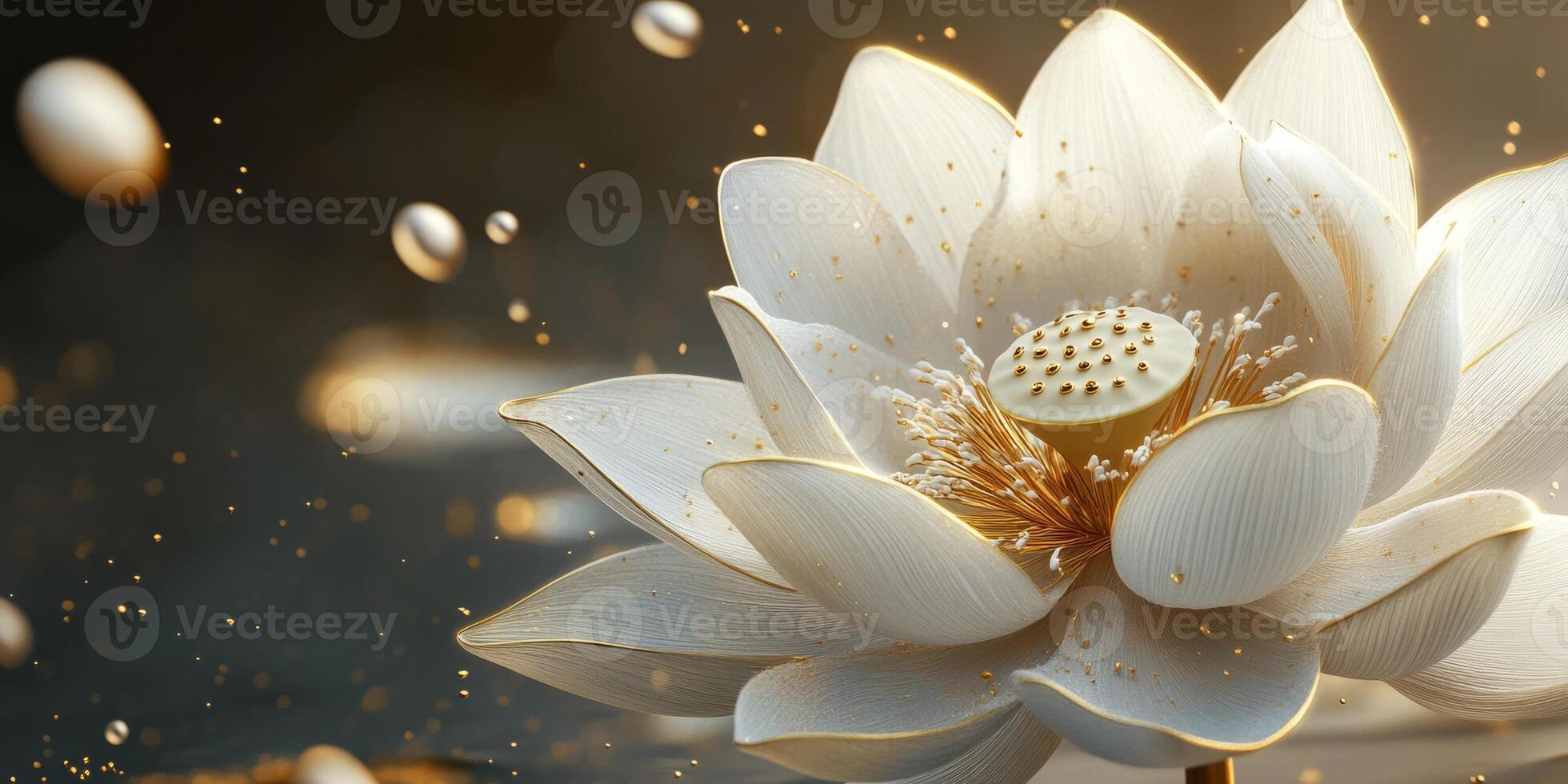 A stunningly beautiful closeup of a pristine white lotus flower surrounded delicately by glistening dew droplets, symbolizing purity and beauty in a serene and peaceful natural environment photo