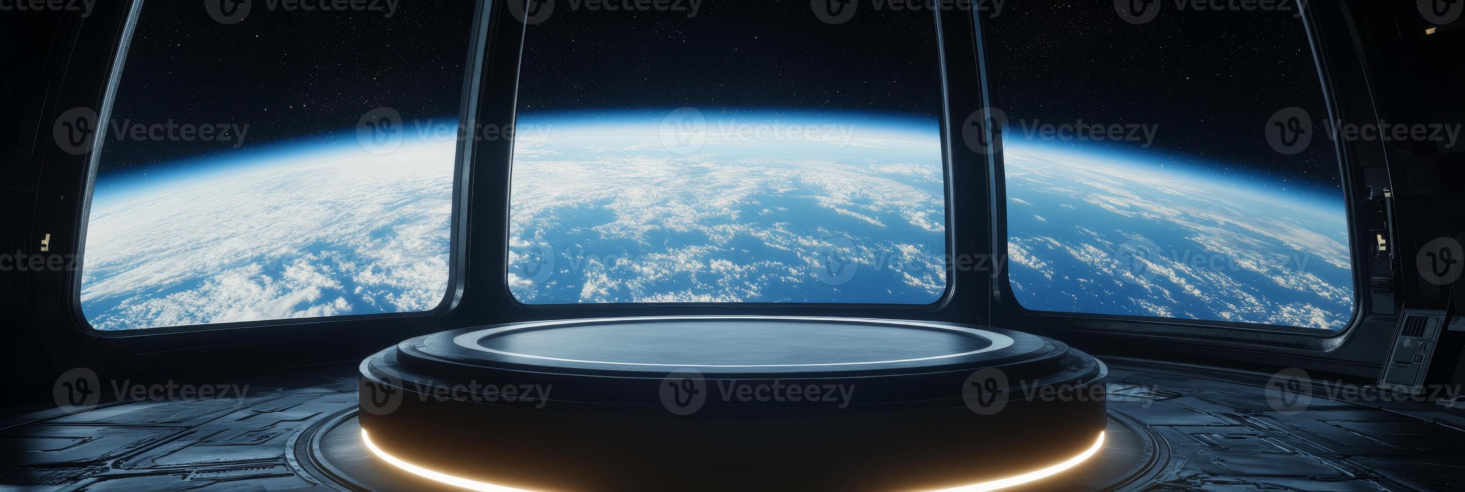Imagine a breathtaking view from a futuristic space station, with beautiful Earth in the background, perfect for captivating scifi themes and engaging space exploration presentations photo