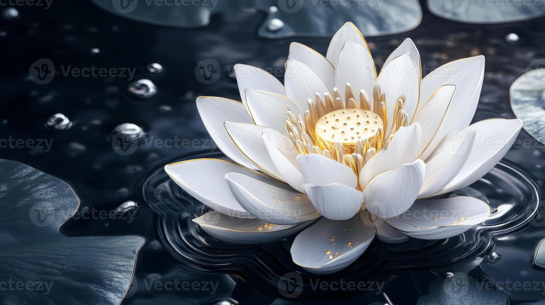 A stunning white lotus flower blooms elegantly on the serene water surface, surrounded by gentle droplets, symbolizing the essence of purity and tranquility found in the beauty of nature photo