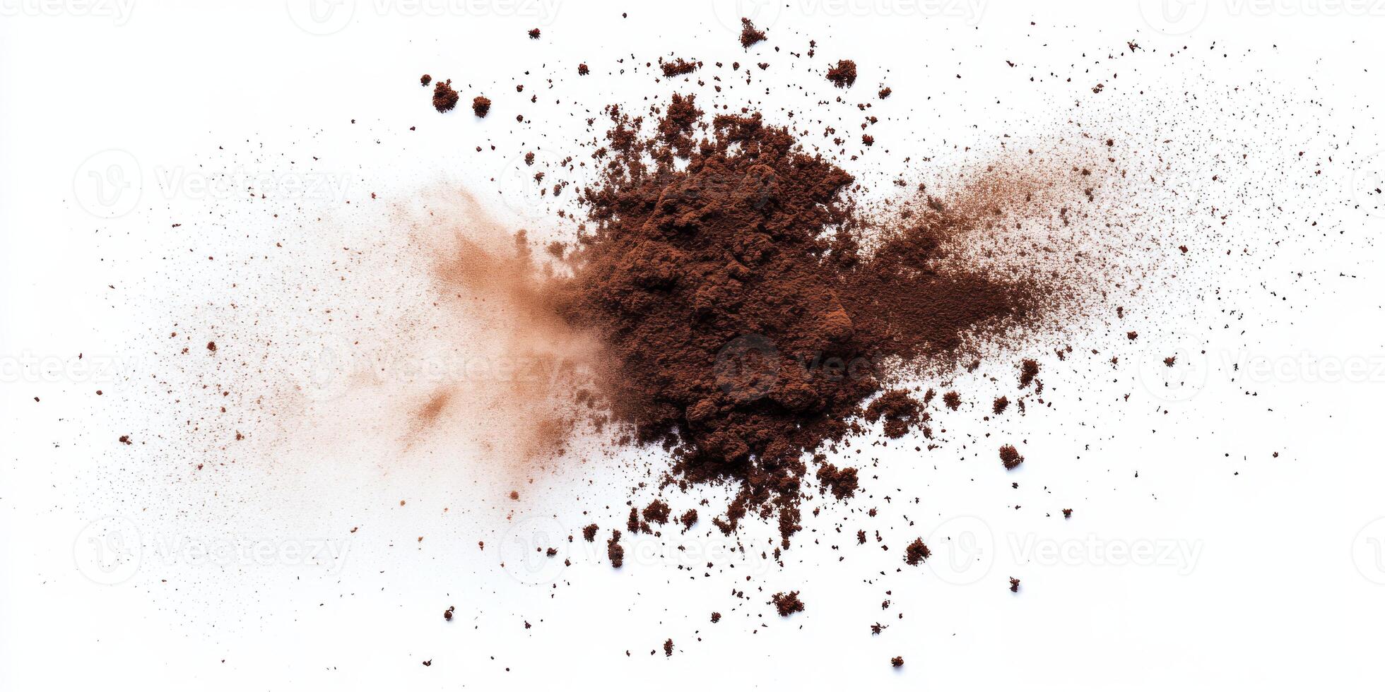 A stunning and eyecatching visual featuring a dramatic explosion of brown powder set against a stark white background, which powerfully evokes themes like dust, dirt, and abstract motion and energy photo