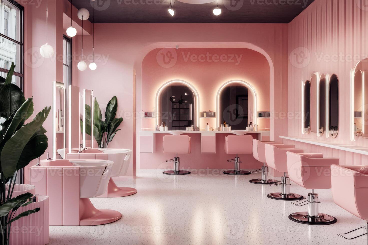 This modern beauty salon features stylish pink accents, comfy chairs, and wellplaced mirrors, creating an inviting space for topnotch hair care and spa services tailored to each client photo