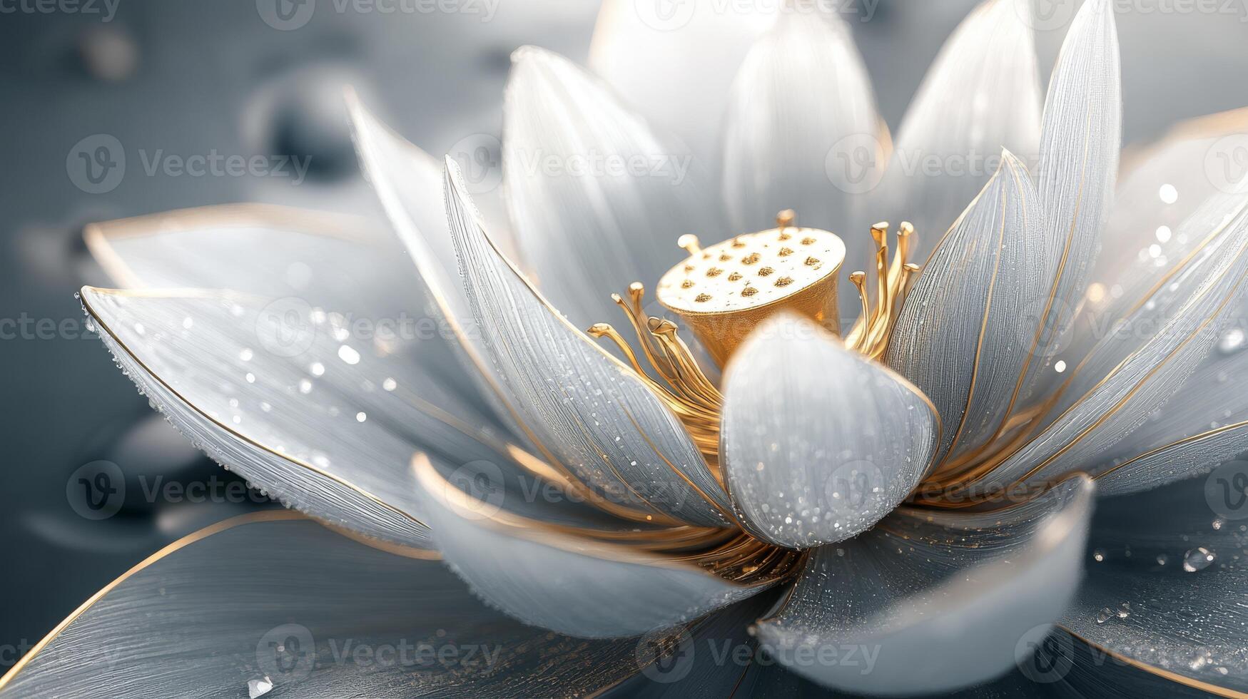 This breathtaking closeup image of a beautiful lotus flower, adorned with sparkling, delicate dew drops, truly captures its natural beauty against a serene backdrop, making it an enchanting vision photo