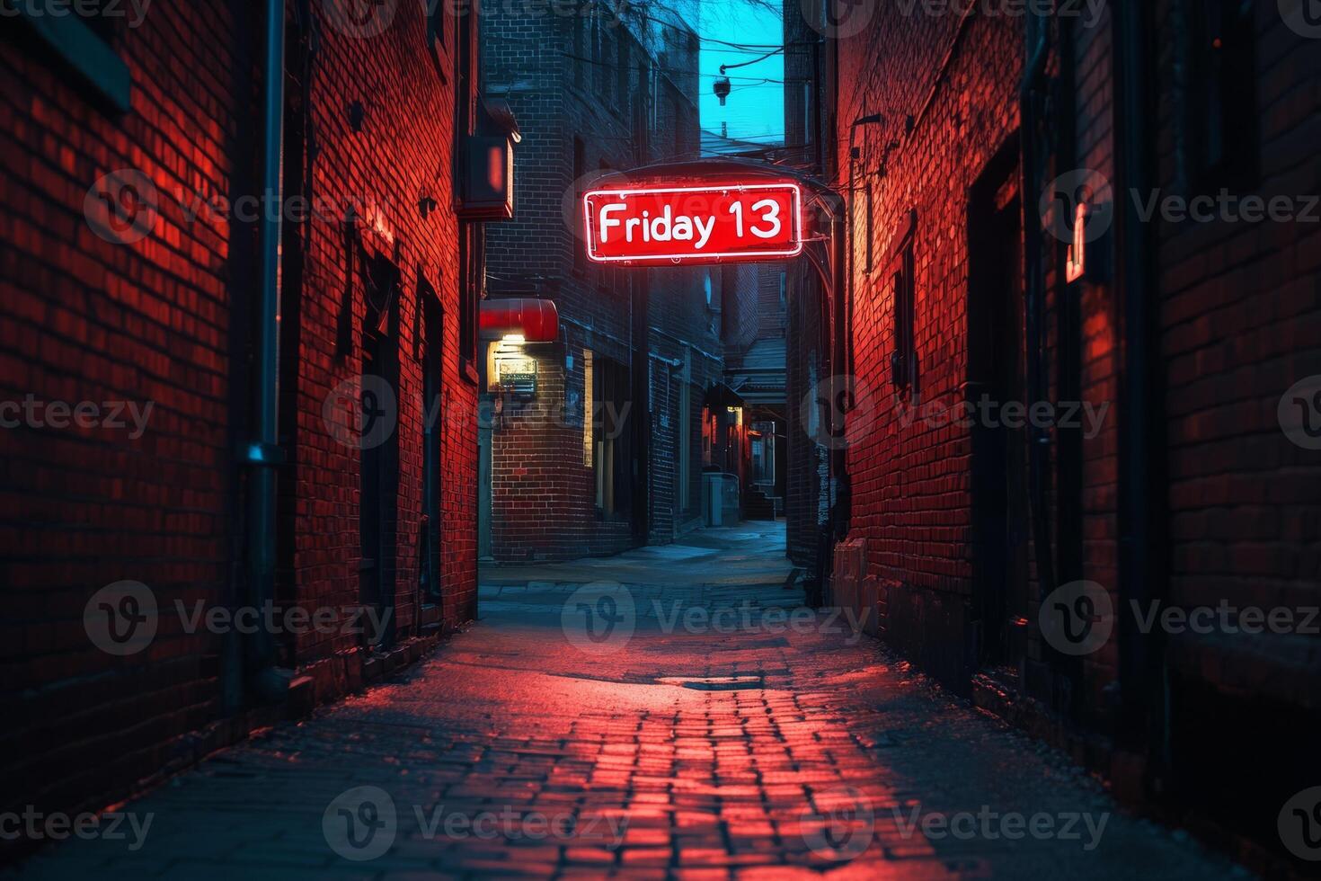 A mysterious and dimlylit alleyway features a captivating and glowing Friday 13 neon sign, which effectively evokes themes of superstition and urban culture during the enchanting hours of night photo