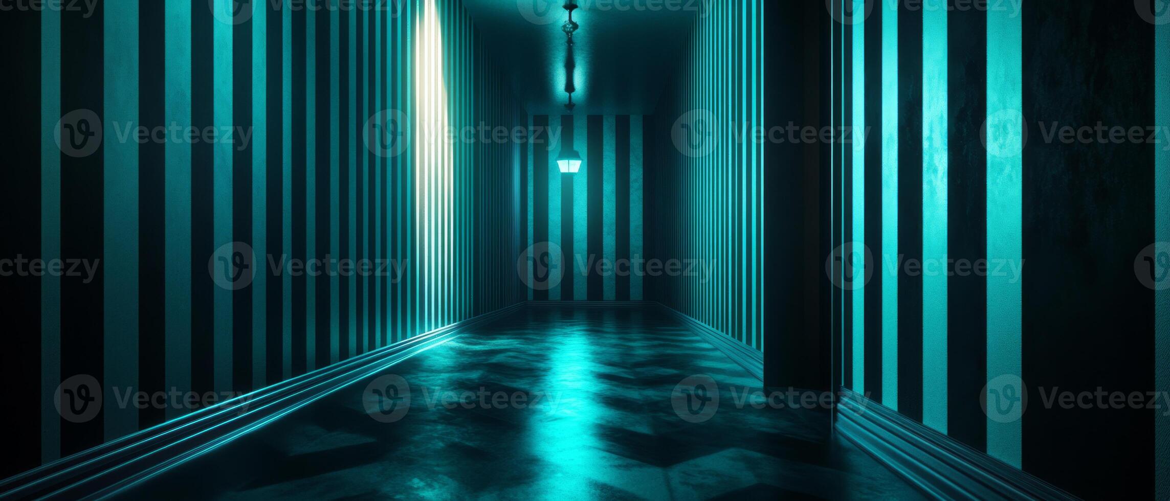 A truly mesmerizing futuristic corridor characterized by sleek stripes and enhanced by vibrant neon lighting photo