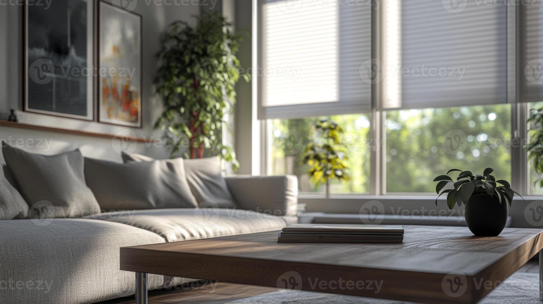 This stylish living space features modern motorized roller blinds, vibrant greenery, and highend furnishings, creating a serene environment that promotes relaxation and comfort for all photo