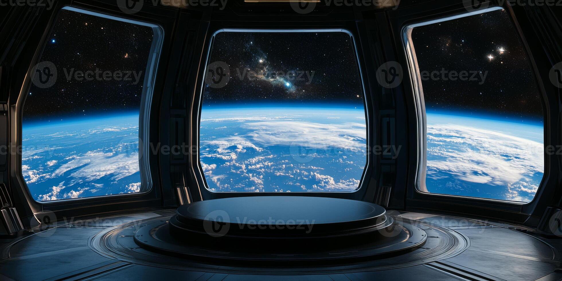 A stunning view from a space station featuring large windows showcasing Earth, perfect for scifi themes and space exploration presentations photo