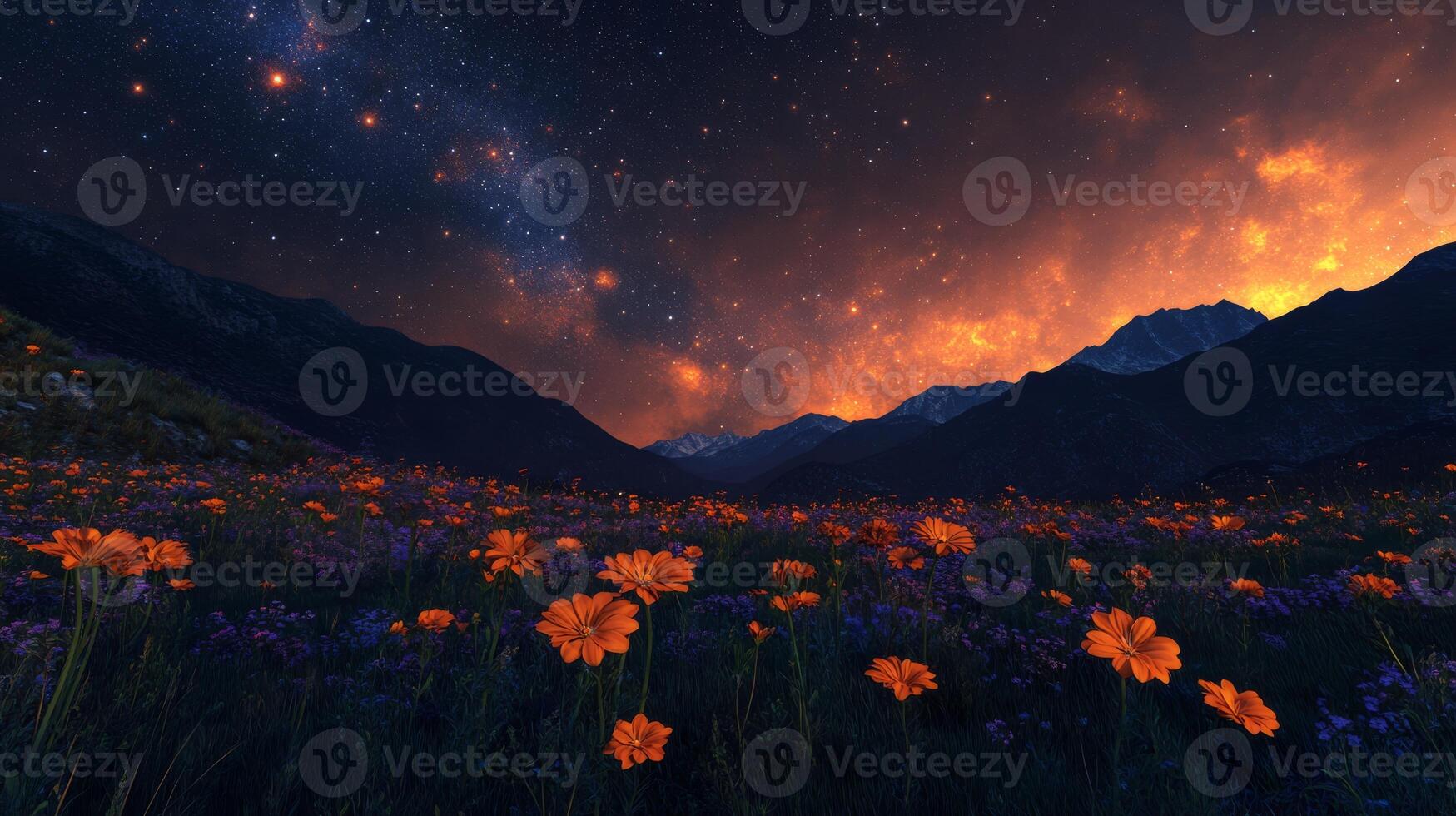On a starlit night, a brilliant sky lights up a colorful meadow, teeming with life, all framed by majestic mountains, showcasing natures beauty during the enchanting evening hours photo