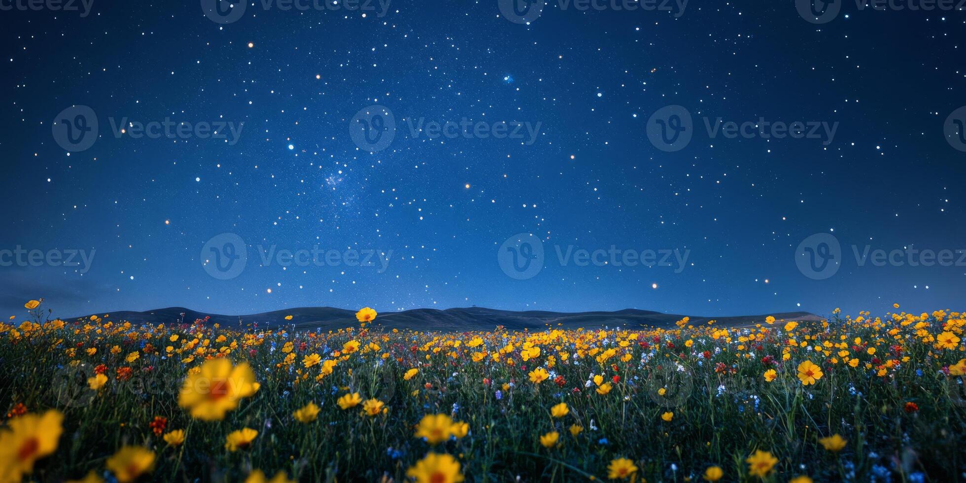 Imagine a breathtaking deep blue night sky filled with countless bright stars above a vibrant field of colorful flower blooms, capturing the essence of natures beauty in all its glory photo