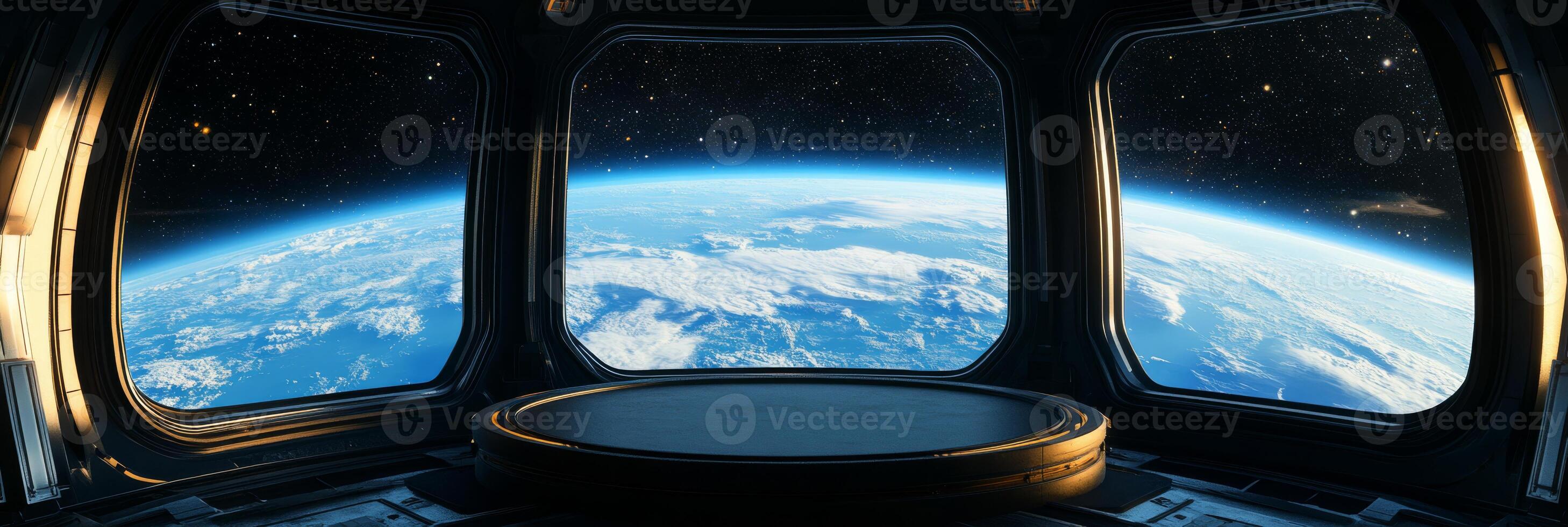A sophisticated futuristic space station provides a stunning view of Earth, embodying captivating scifi themes and the thrilling experiences of deep space exploration and the universes mysteries photo