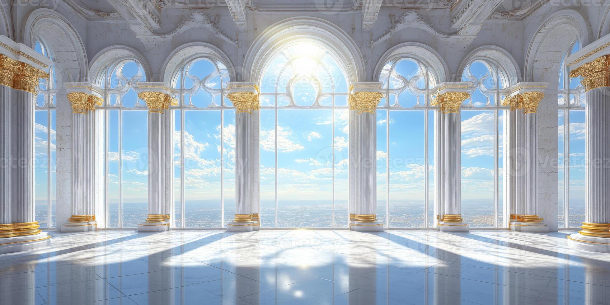 A beautifully designed classical hall with grand marble columns and a bright, airy ambiance. Golden sunlight streams through large windows, creating an elegant, inviting atmosphere photo