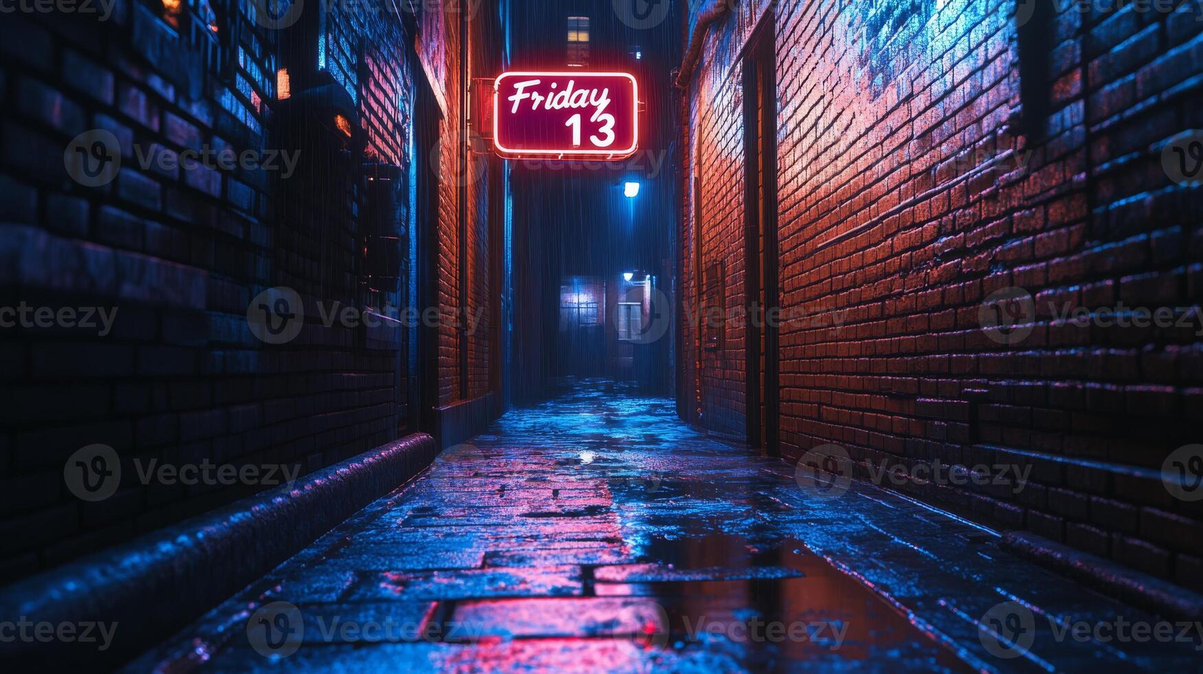 A dark and atmospheric alleyway, dimly illuminated by a glowing neon sign featuring the iconic Friday the 13th logo, evokes a profound sense of mystery and superstition in an urban setting photo